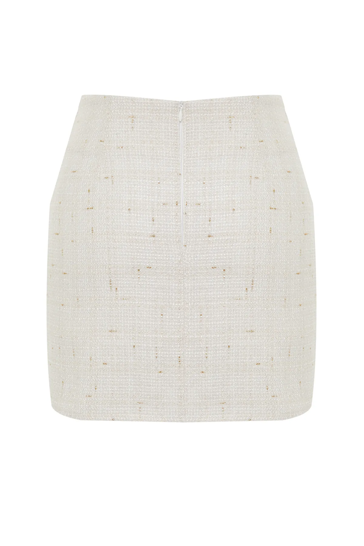 Trendyol Collection  Ecrufarbener, geschlitzter, detaillierter Mini-Webrock aus Tweed-Stoff TWOAW24ET00350