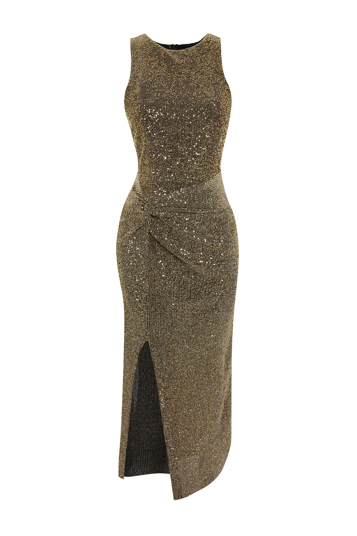 Trendyol Collection  Goldenes, figurbetontes, gestricktes Glitzer-Pailletten-Pailletten-Elegantes Abendkleid TPRSS24EL00030