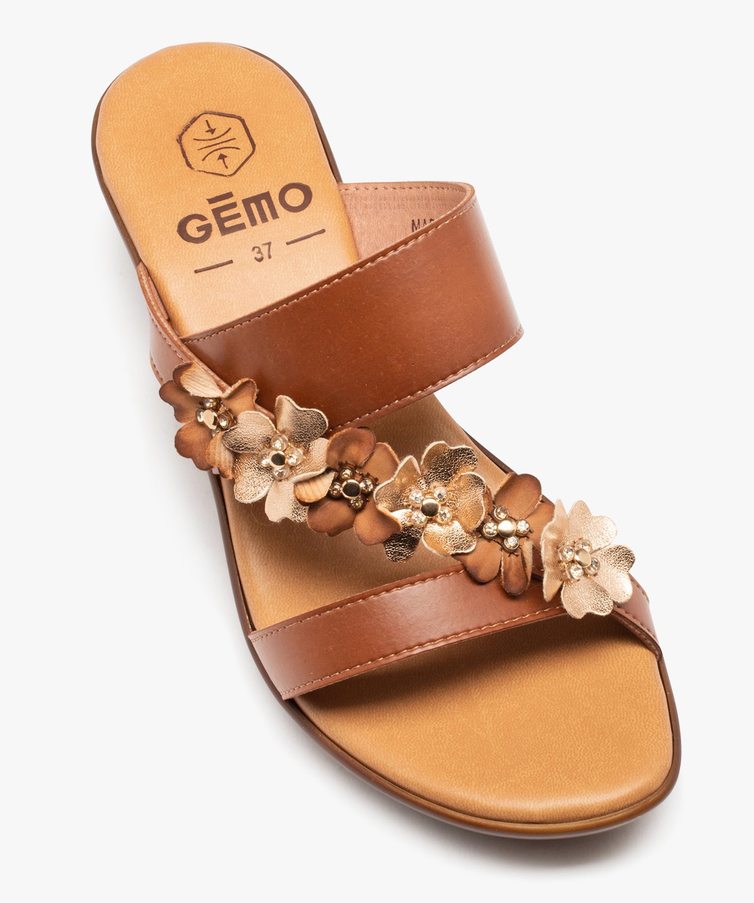 Mules femme compensées avec bride à fleurs marron | GEMO
