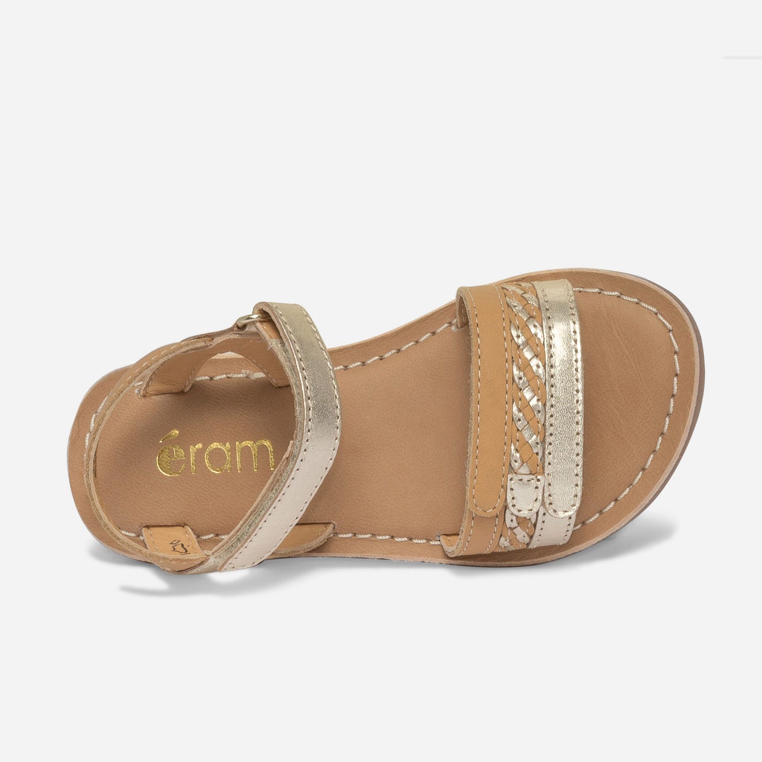 Sandale camel et doré en cuir à scratchs