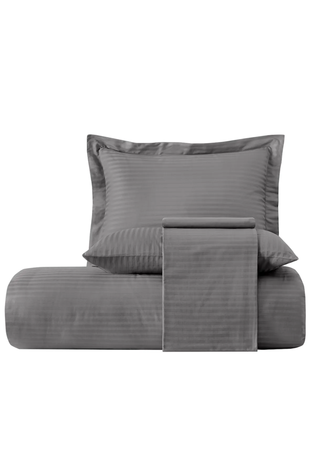 Karna Home  Streifen-gestreiftes Bettbezug-Set aus doppeltem Baumwollsatin, Grau
