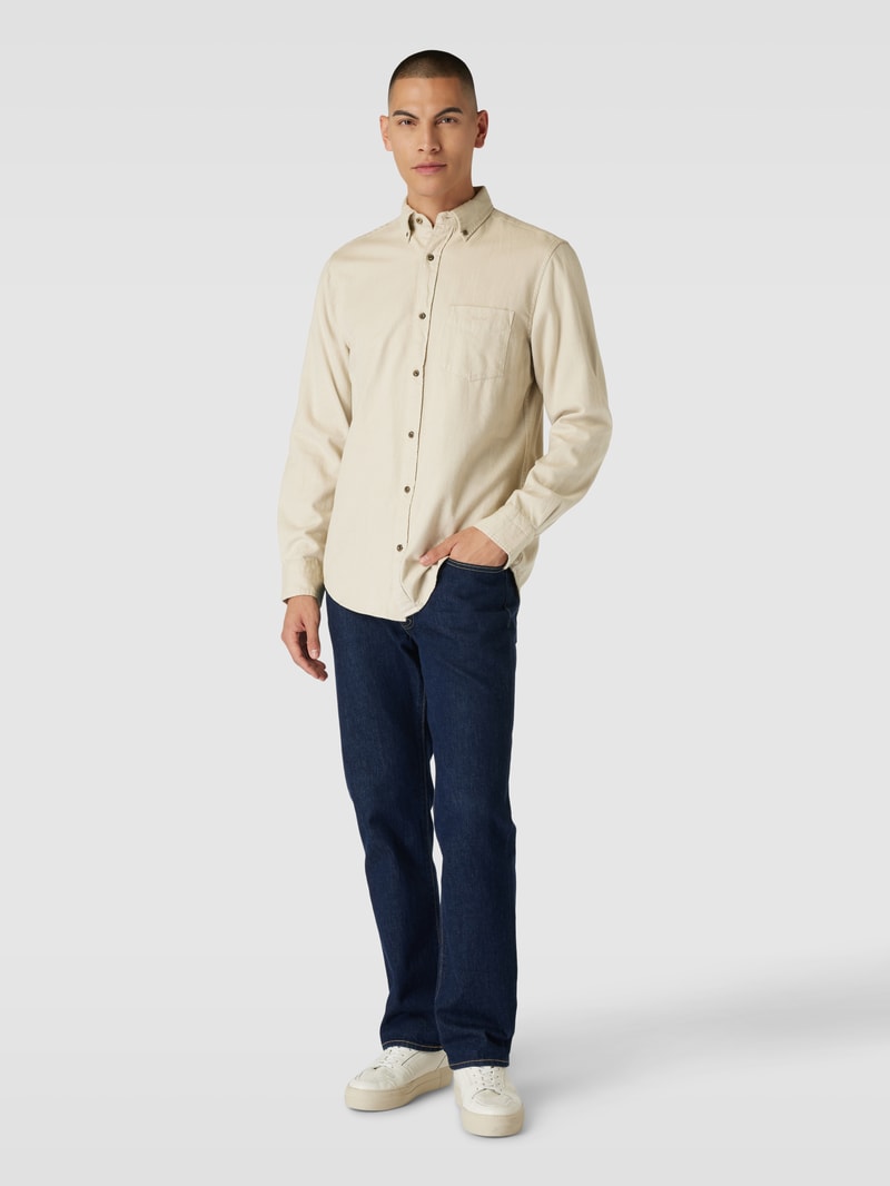 Regular Fit Freizeithemd mit Label-Stitching Modell 'HERRINGBONE' in stein