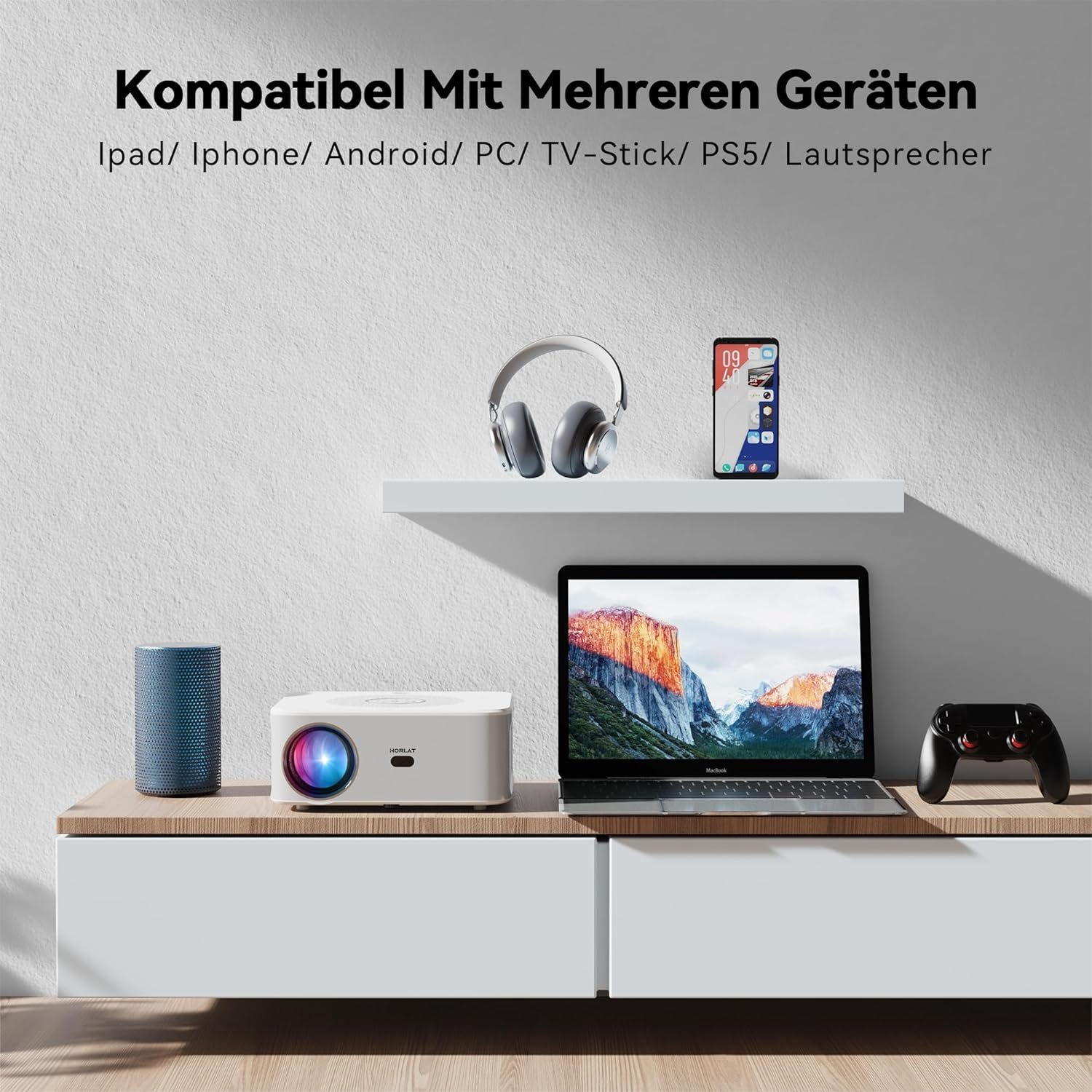 HORLAT Portabler Projektor (18000 lm, 1920 x 1080 px, Full HD 1080P Bluetooth 4K Unterstützt mit Touchscreen 18000 Lumen)