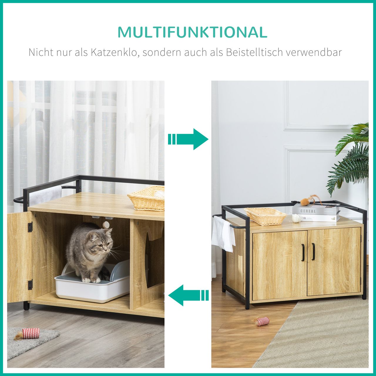 PawHut Katzenschrank für Katzentoilette Katzenklo Beistelltisch Katzenhaus Katzenkommode Schrank Spanplatte Naturholz 82,3 x 51 x 54 cm
