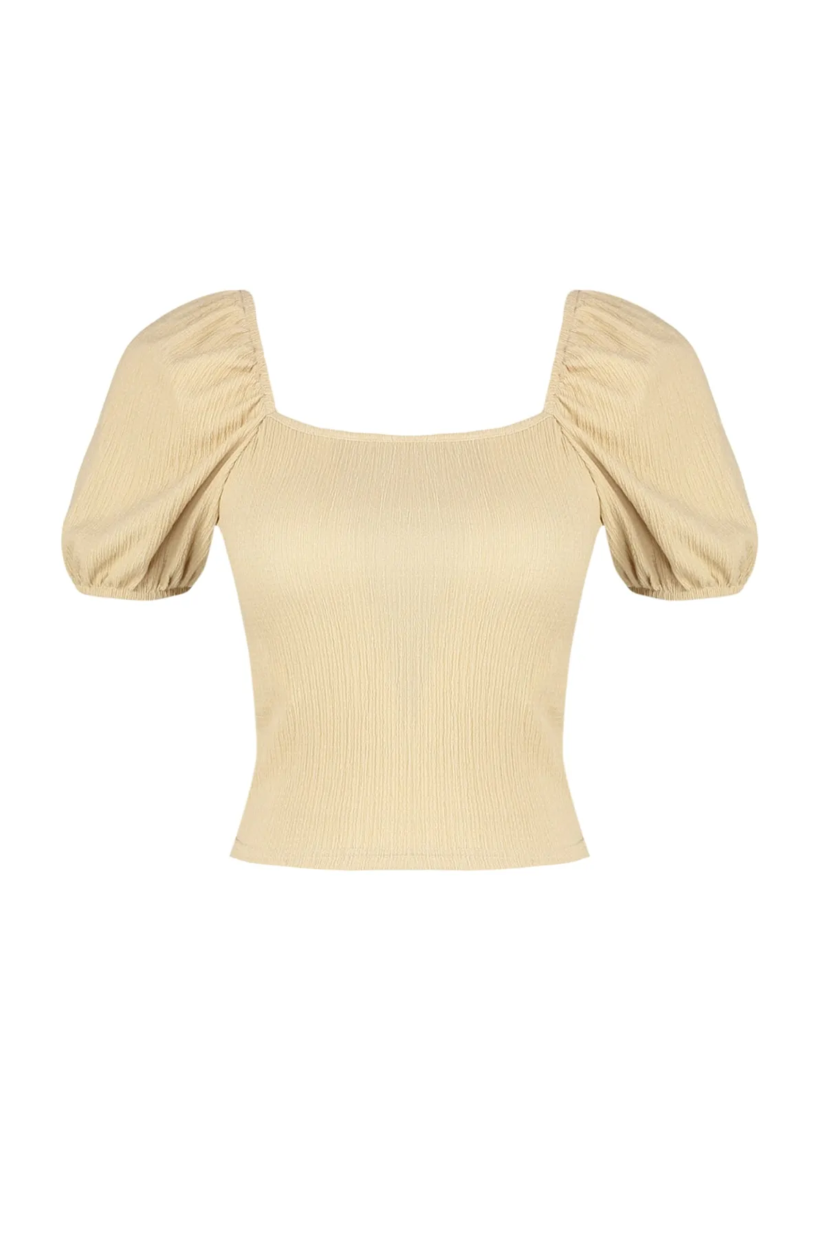 Trendyol Collection  Beige, kurz geschnittene, eng anliegende Strickbluse mit Ballonärmeln und eckigem Ausschnitt TWOSS22BZ00126
