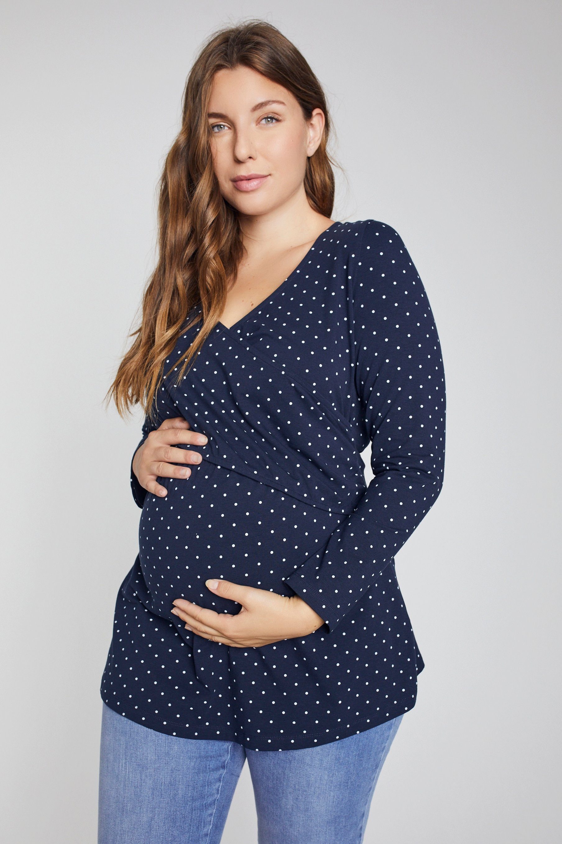 Ulla Popken Umstandsshirt Bellieva-Wickelshirt Punkte V-Ausschnitt Langarm