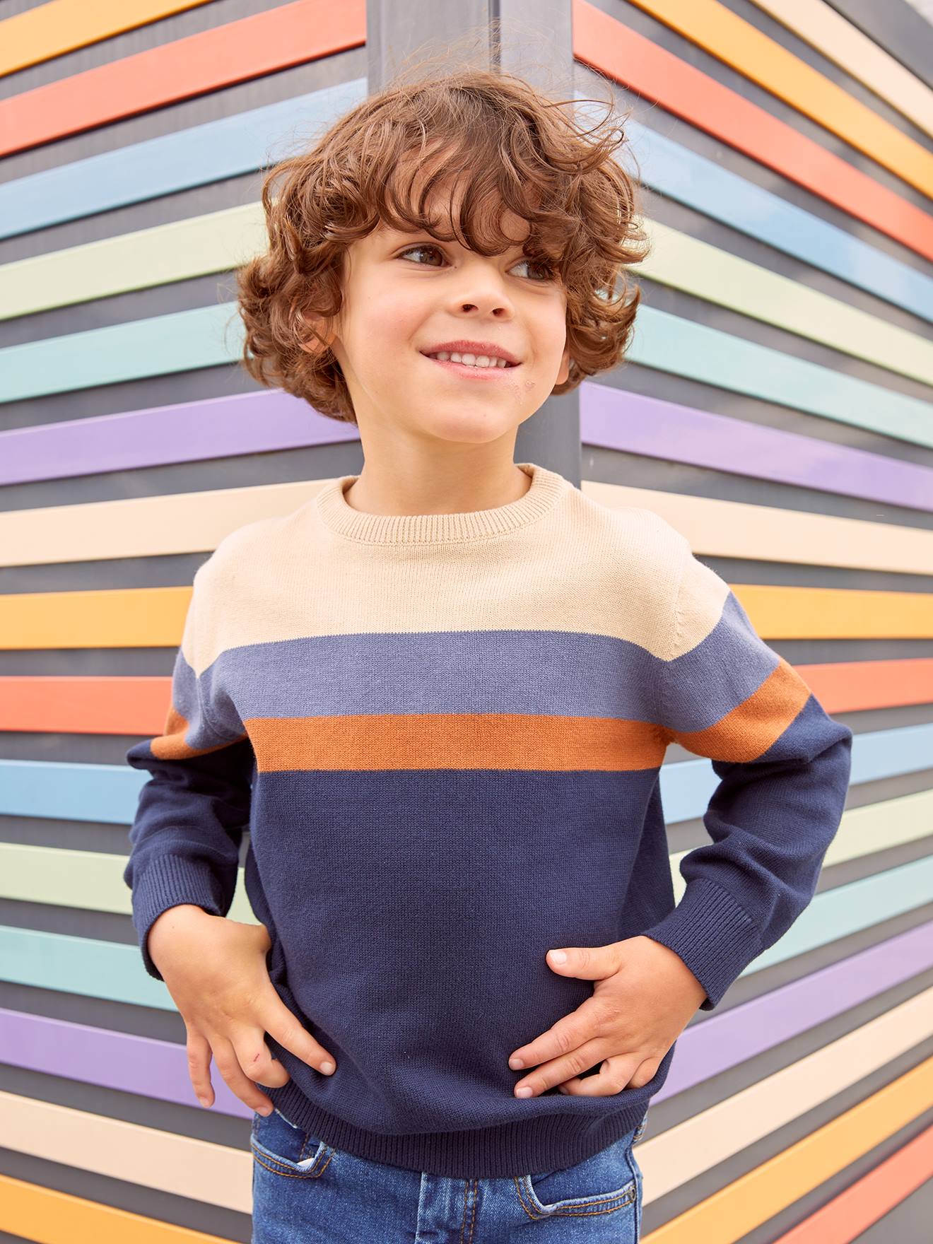 Pull colorblock rayé garçon maille fine raye vert