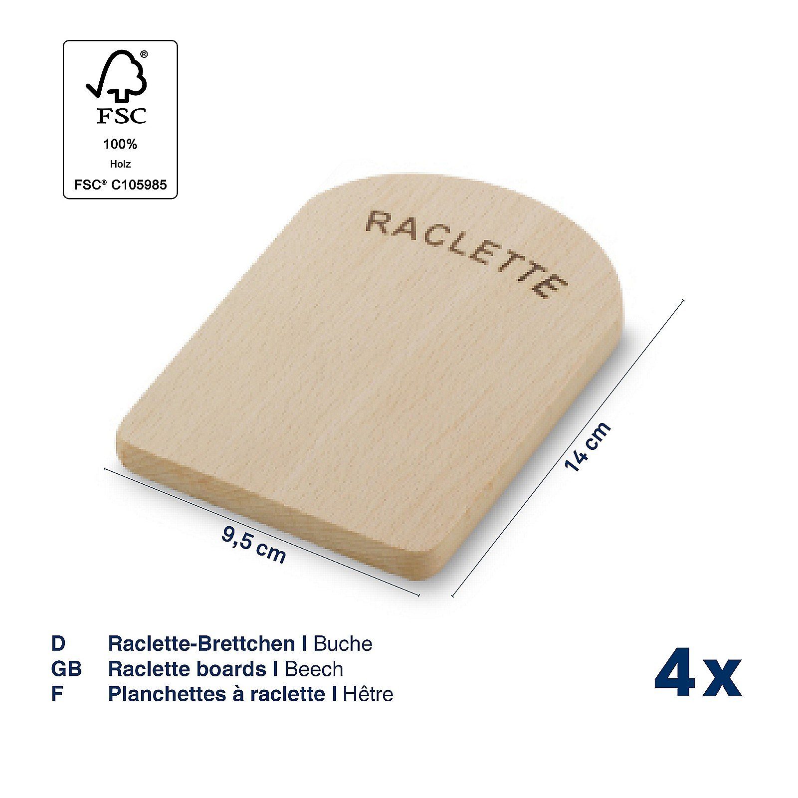 kela Raclette Baar, Untersetzer Raclettepfännchen 4-tlg, Buche FSC zertifiziert,14x9,5x1cm