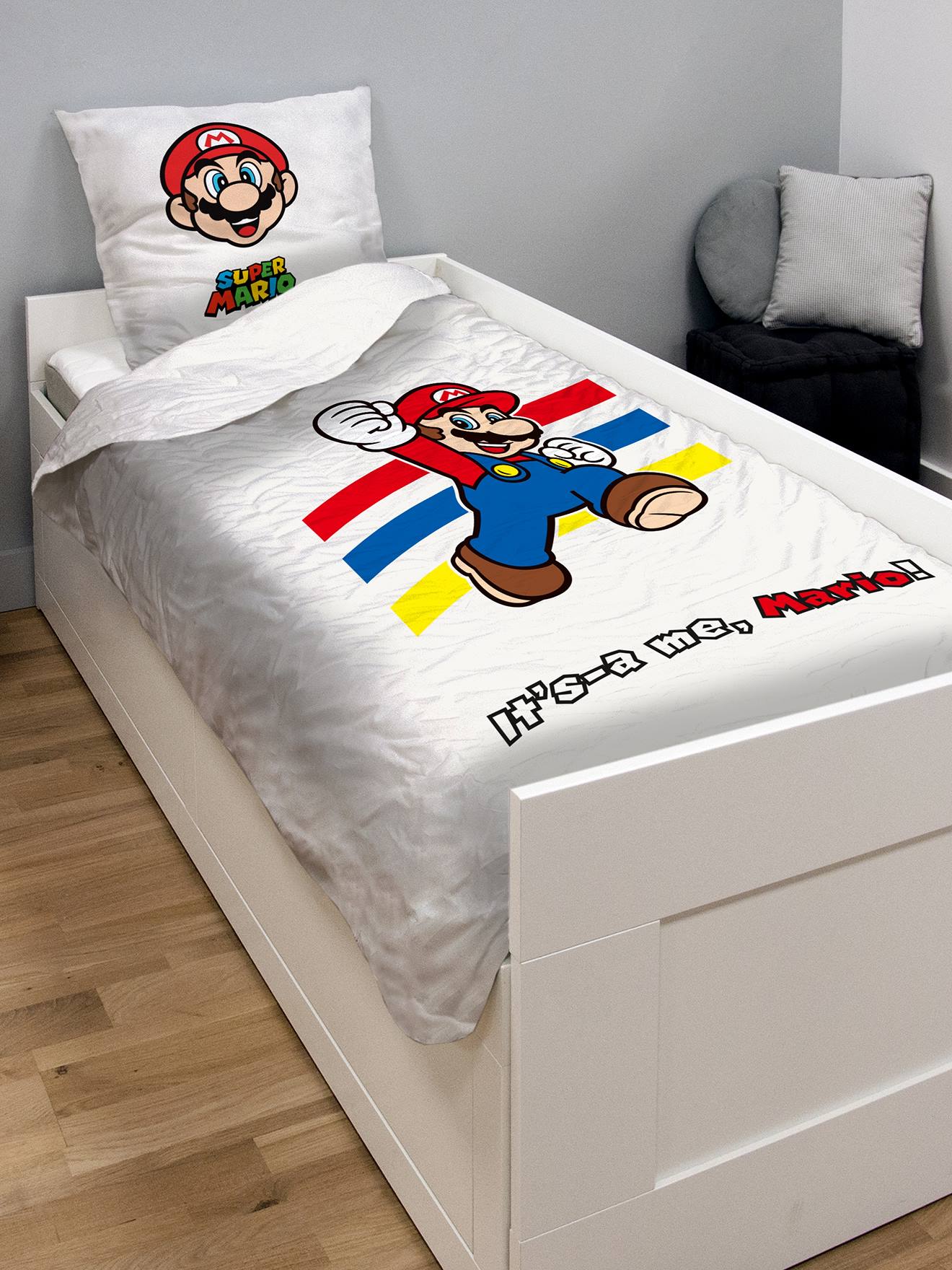 Parure housse de couette + taie d'oreiller enfant Super Mario® et Luigi blanc