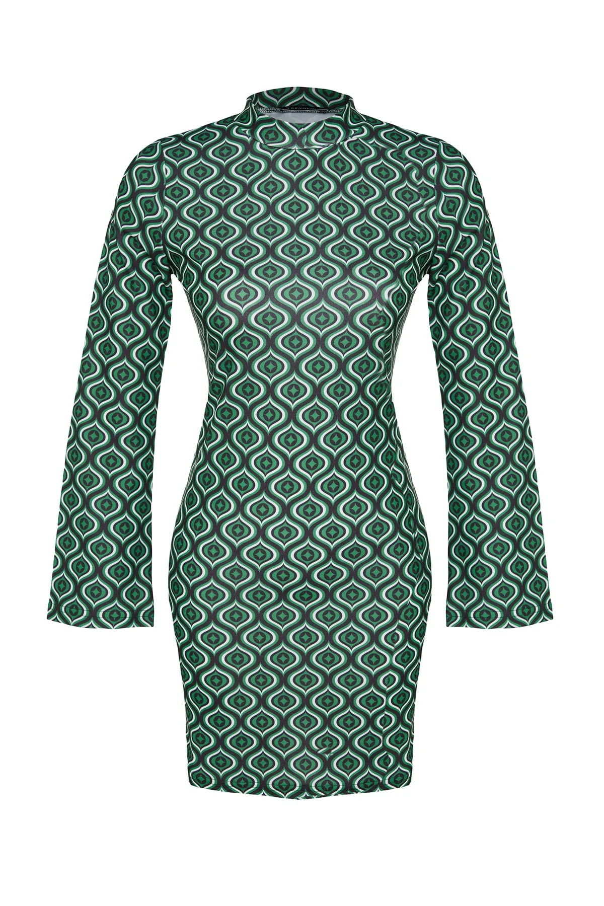 Trendyol Collection  Smaragdgrünes bedrucktes Bodysitting-Stehkragen-Mini-Strick-Bleistiftkleid mit spanischen Ärmeln TWOAW24EL00191