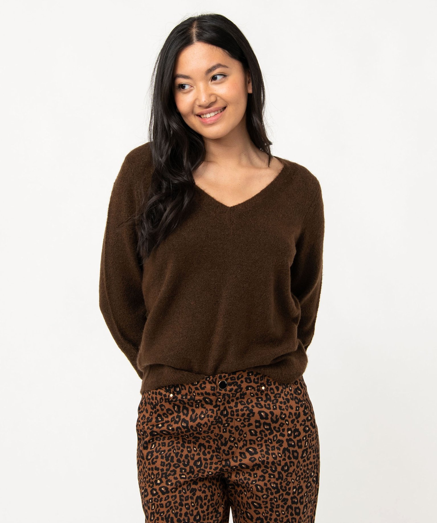 Pull femme à grand col V fantaisie marron | GEMO
