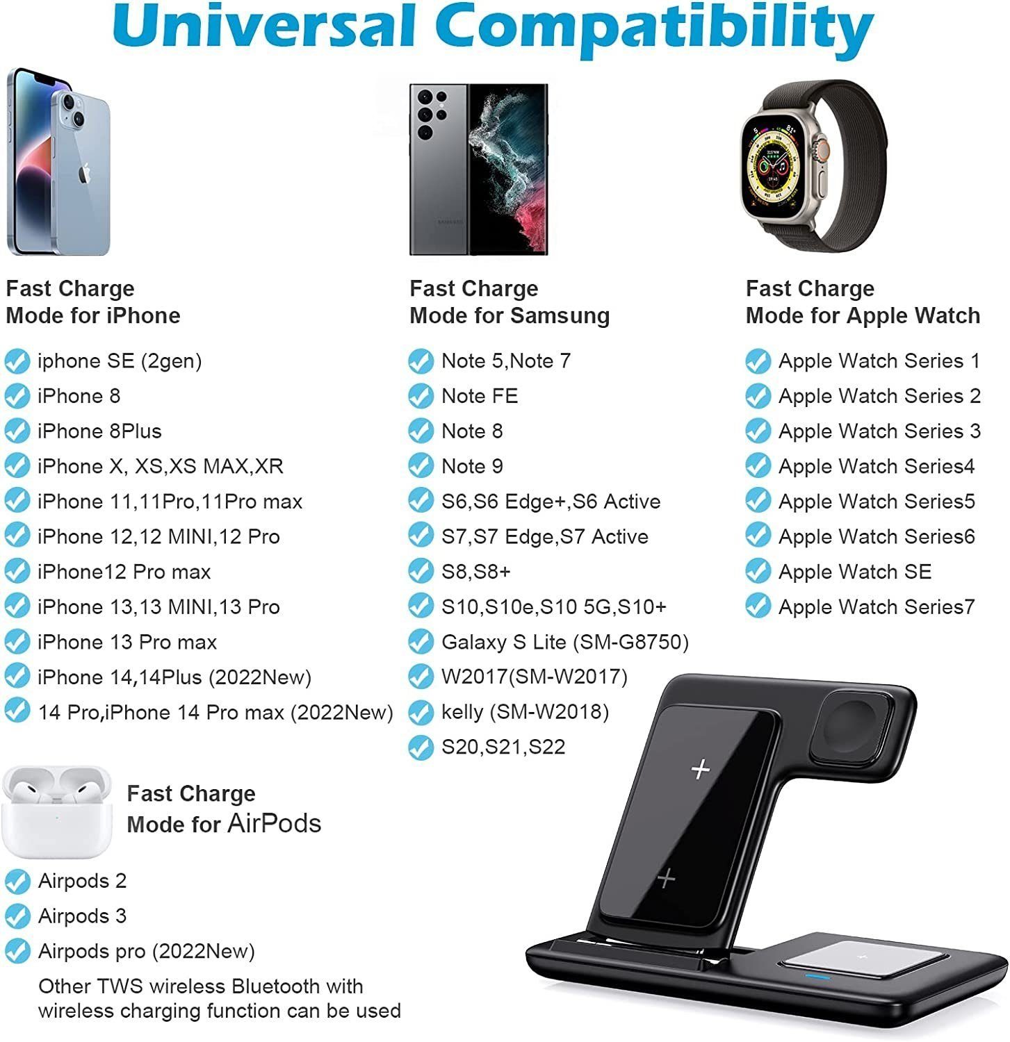 JOEAIS Handy-Dockingstation Ladestation 3 in 1 Induktive Ladegerät Kabellose Wireless Charger, (Apple Watch Iphone Airpods Handy Charging Station Induktive Ladegerät), mit USB Kabel für iPhone 14 13 12Pro Mini Pro Max