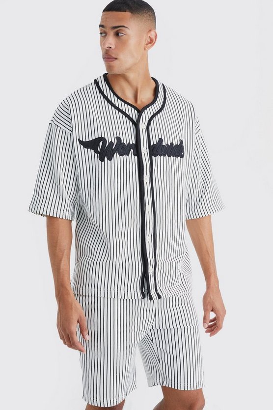 Oversize Nadelstreifen Baseball-Shorts-Set