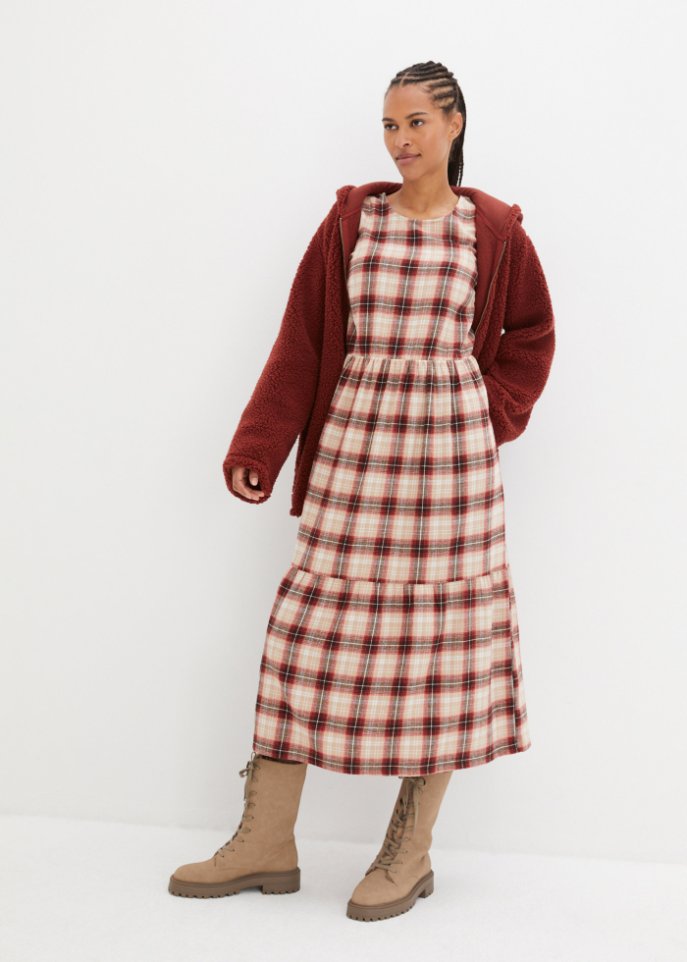 Ausgestelltes Midi-Kleid aus Flanell mit Volants