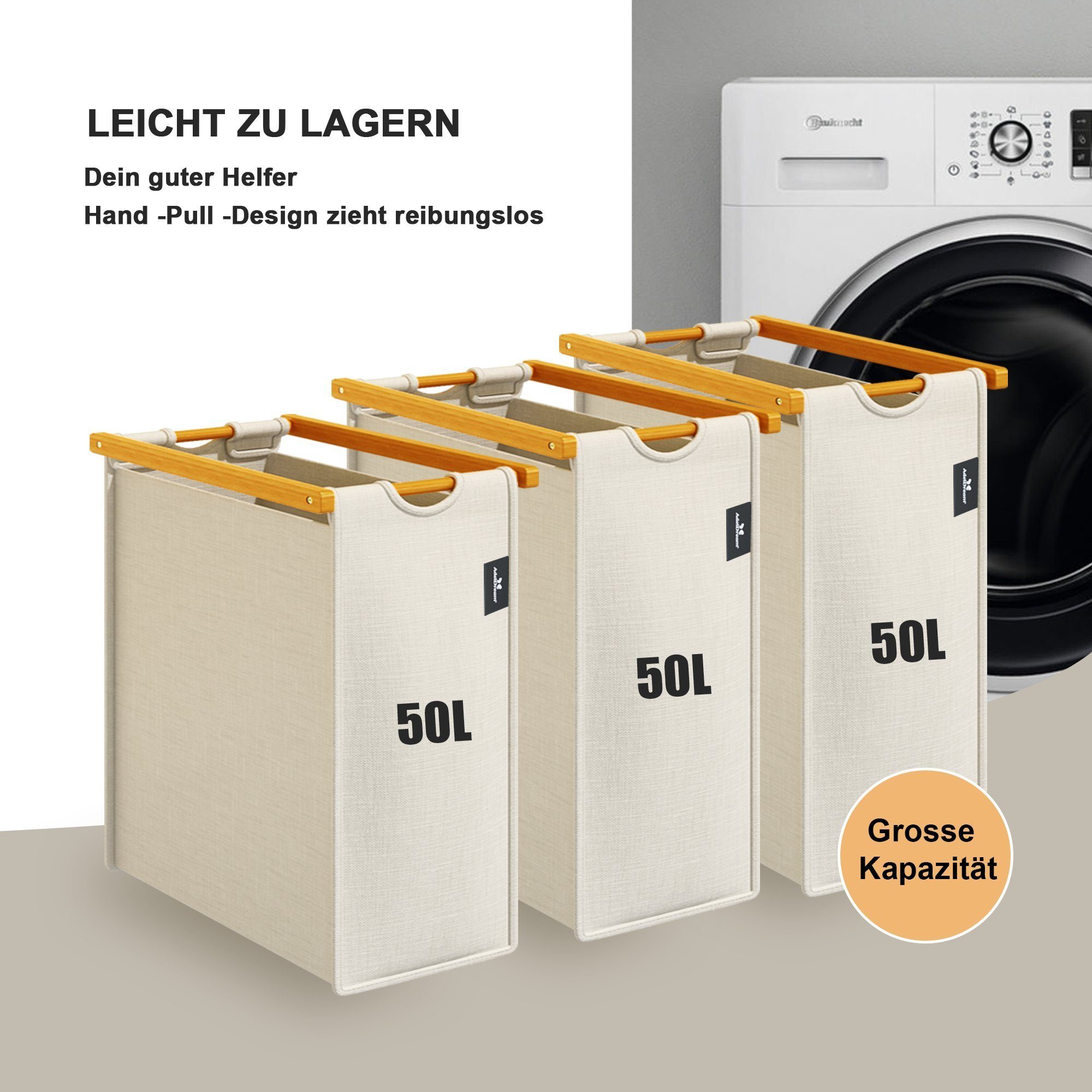 AdelDream Wäschekorb 150 l, 3 Fächer, 2 Regale Wäschesortierer