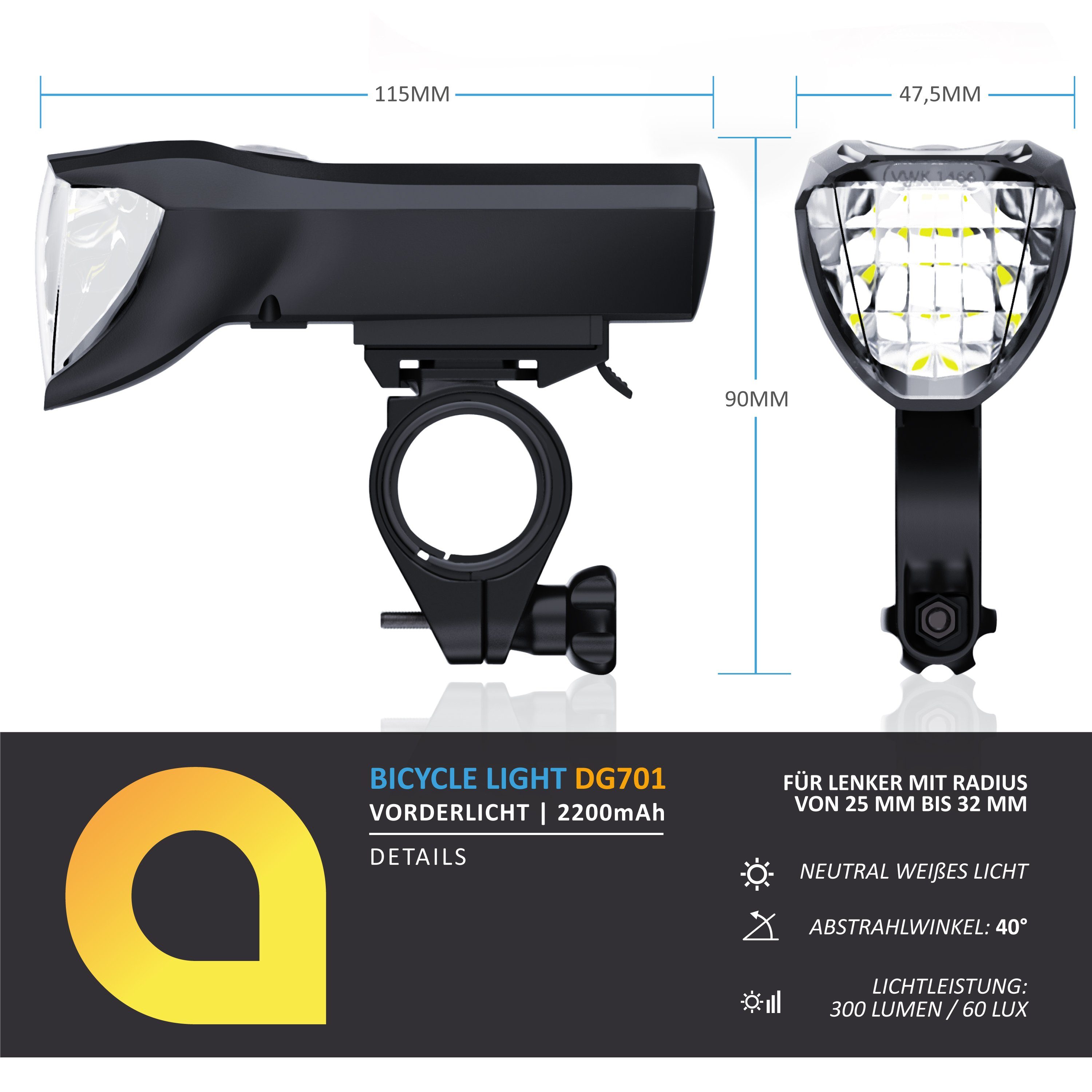Aplic Fahrrad-Frontlicht, LED Akku Fahrrad Vorderlicht mit 50 LUX - zugelassen nach StVZO
