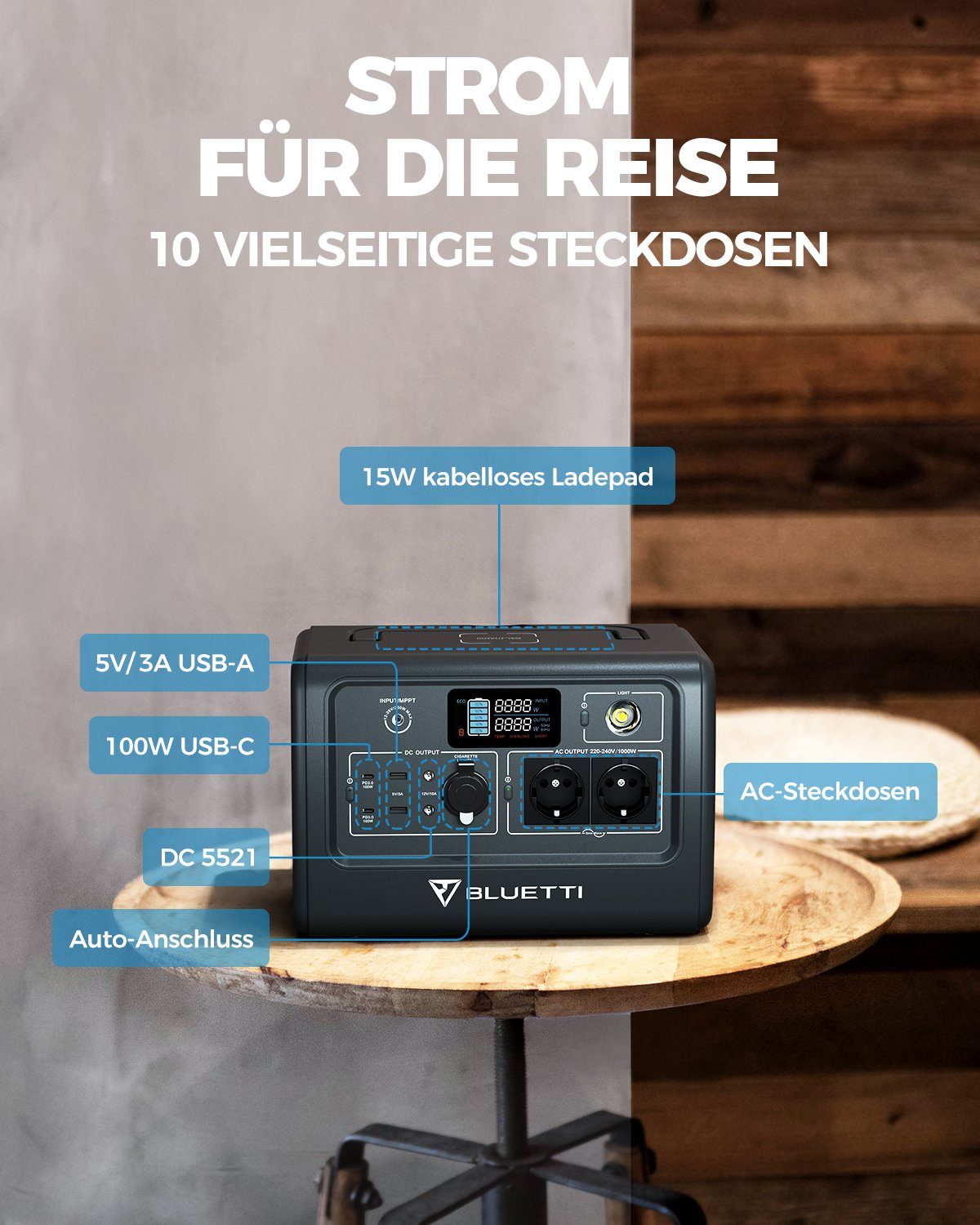 BLUETTI Stromerzeuger EB70 Solar Generator mit 200W Solar Panel, (mit 2 1000W AC Ausgängen Tragbare Powerstation kit für Autoreisen, Netzunabhängig, Stromausfälle, 1-tlg), 716Wh LiFePO4 Batterie-Backup
