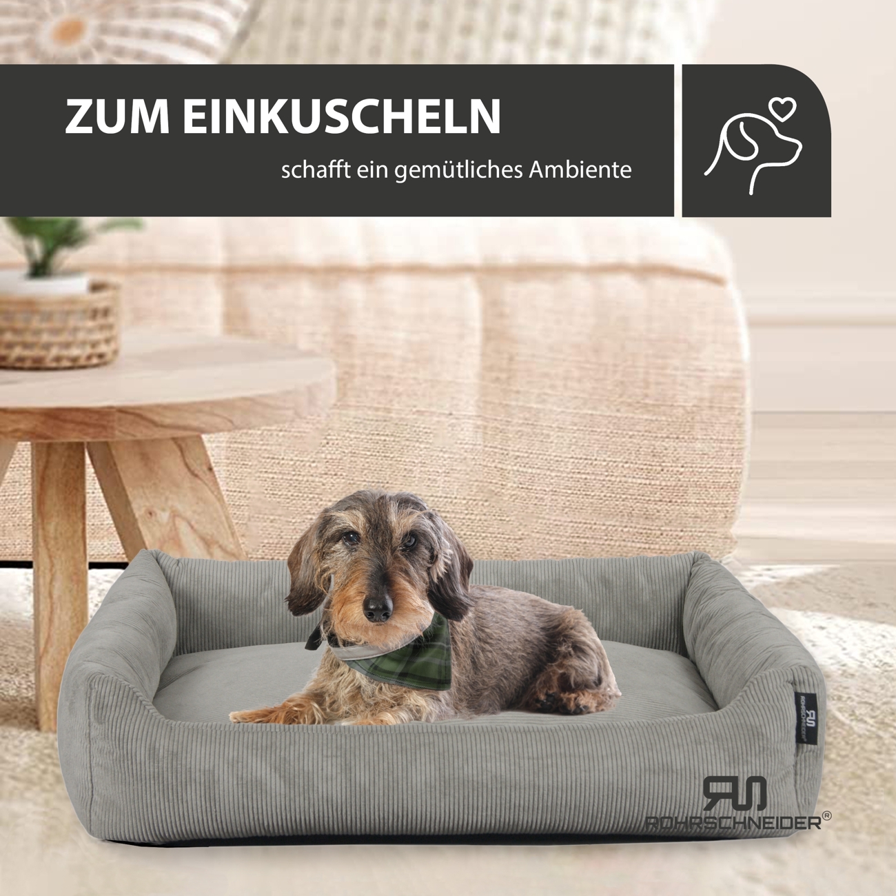 Rohrschneider Hundebetten Rohrschneider Hundebett mit Gratis-Beigabe, waschbar, robuster Fein-Cordstoff grau