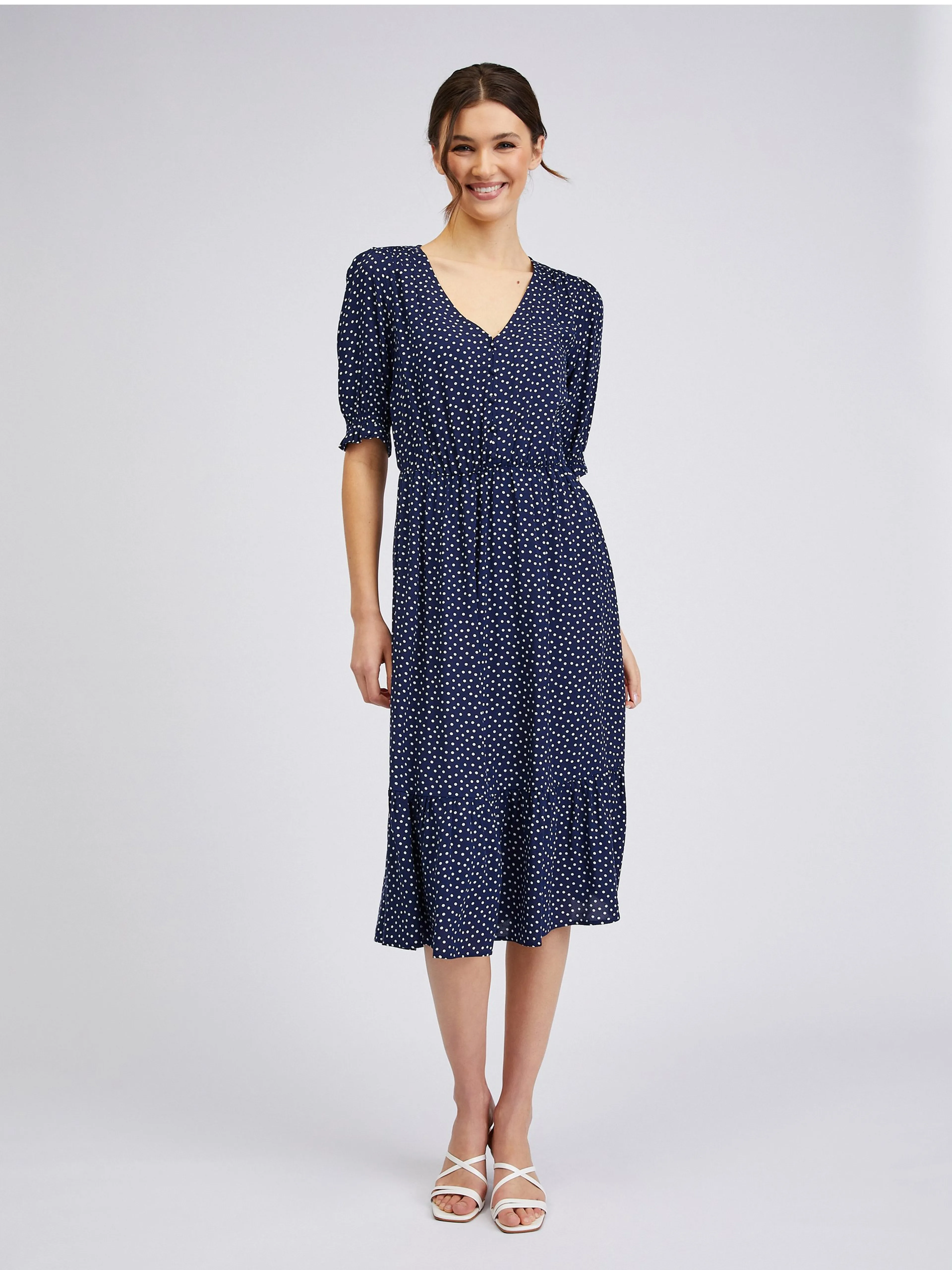 Dunkelblaues Damen-Polka-Dot-Kleid ORSAY