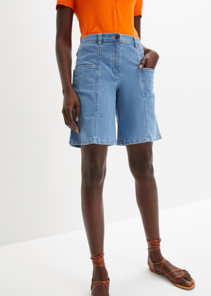 High-Waist-Jeans-Bermuda mit großen Taschen und Bequembund