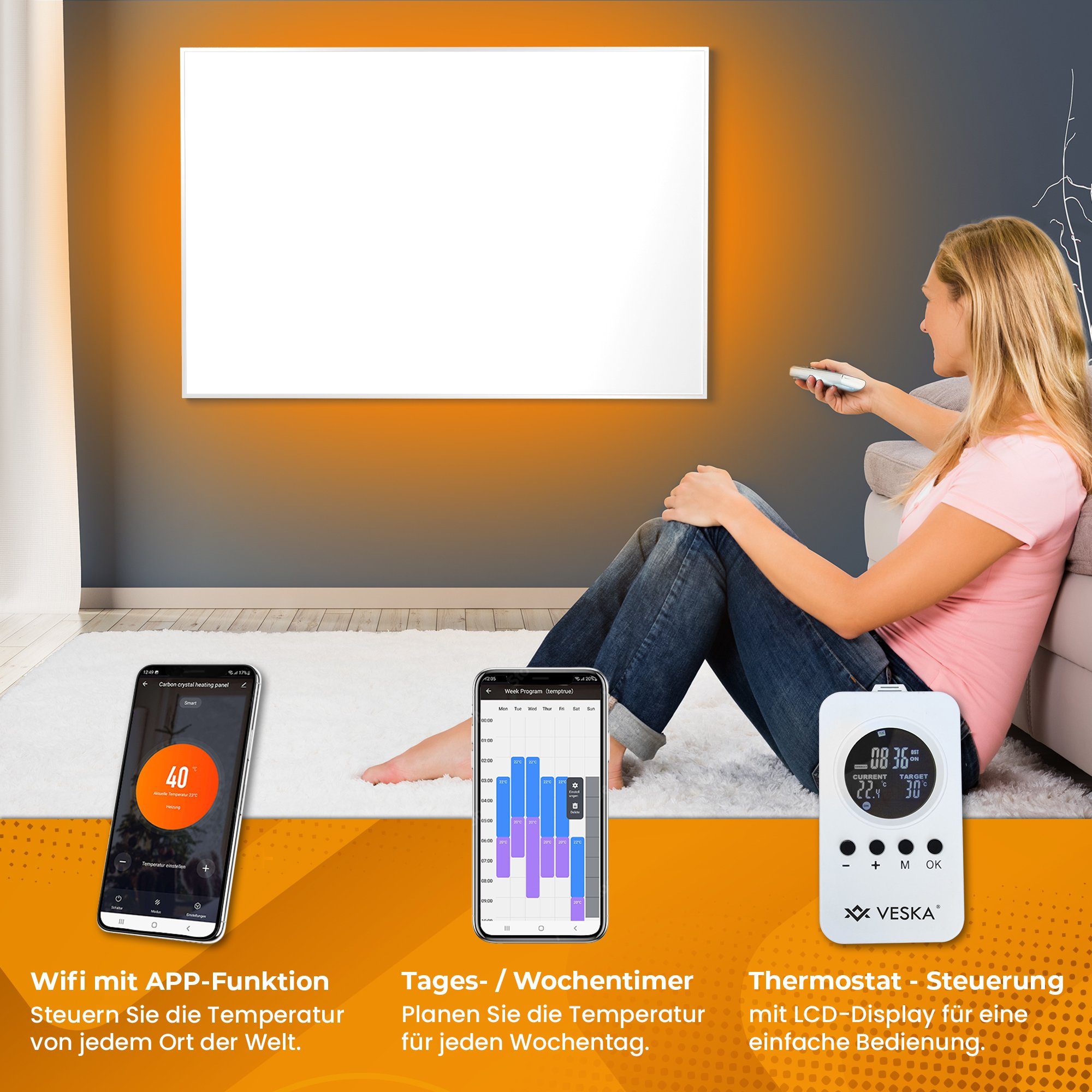 VESKA Infrarotheizung inkl. Thermostat APP-Funktion Wifi Fernbedienung und Timer, 10 Jahre Garantie Wandheizung Elektro Heizung Abschaltautomatik