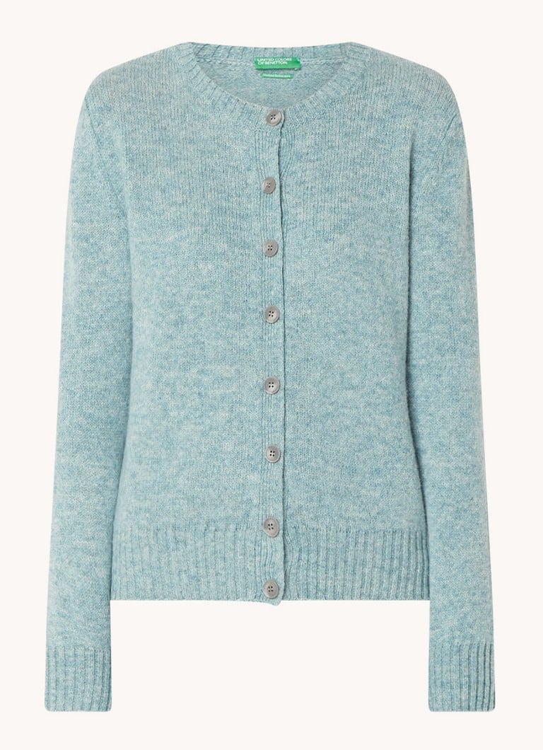 Cardigan Benetton cu guler rotund, confecționat din lână fină.
