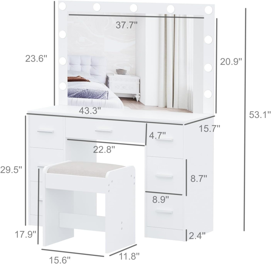 Dressing table with stool, dressing table with illuminated mirror, 3 color lighting modes, adjustable brightness, dressing table