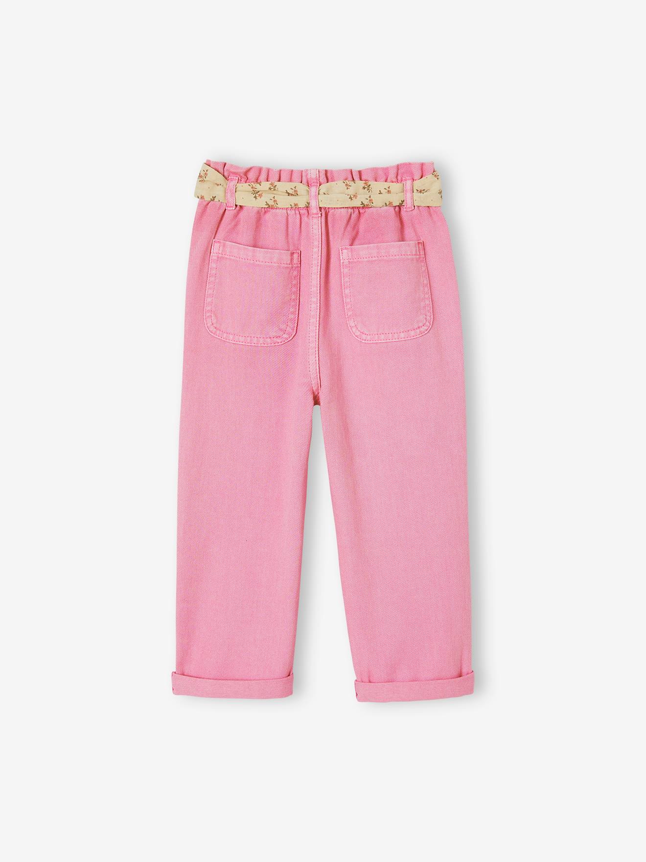 Pantacourt paperbag fille à ceinture fleurie rose