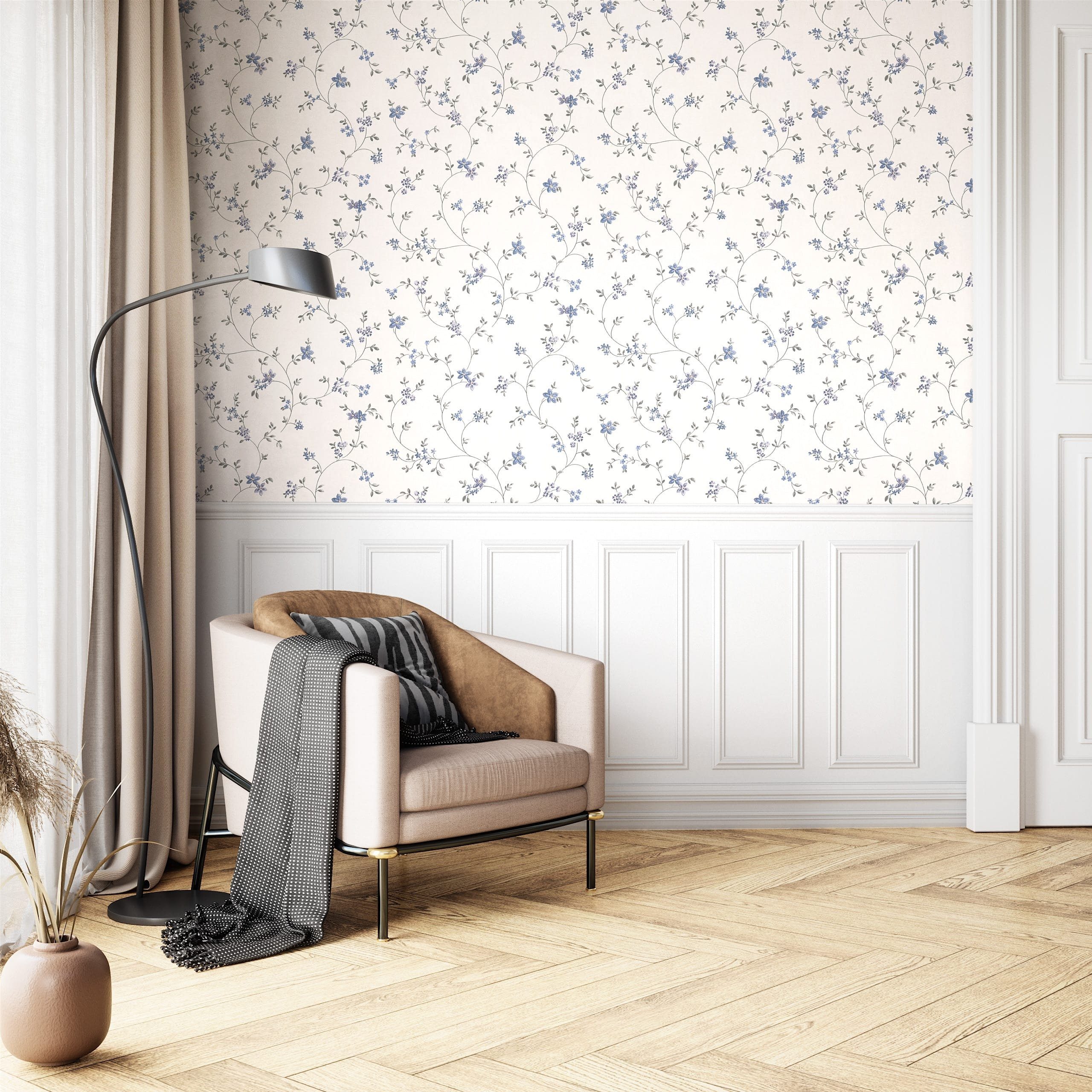 Newroom Vliestapete, Blau Tapete Floral Blumen - Vintage Blumentapete Grau Weiß Romantisch 3D Optik Blätter Blüten für Schlafzimmer Wohnzimmer Küche