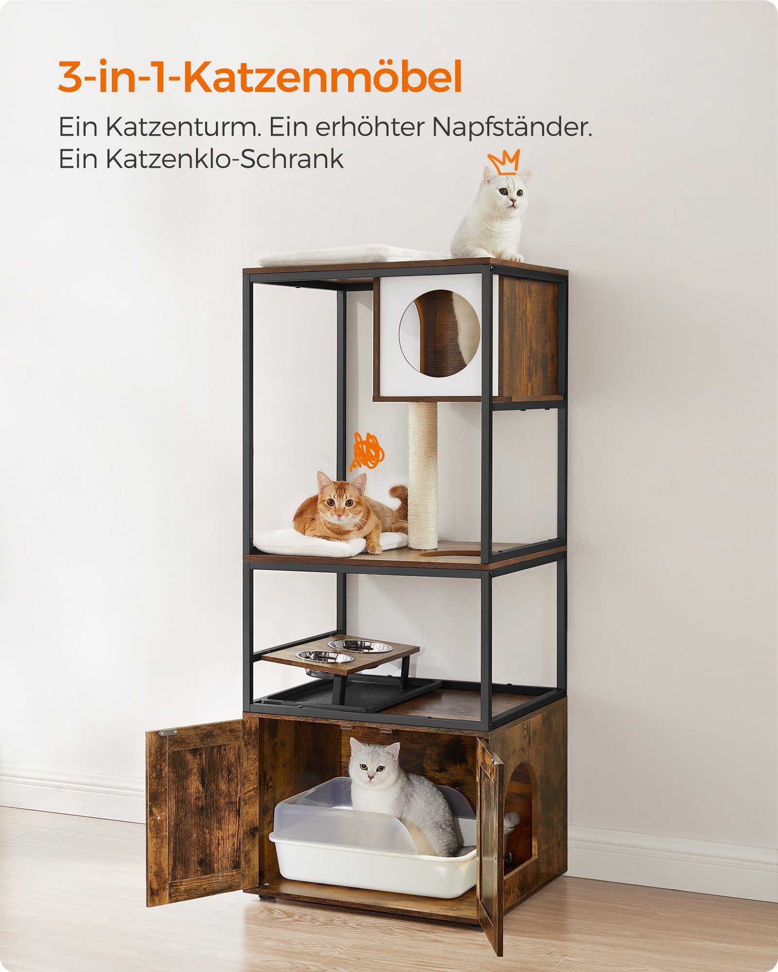 FEANDREA Kratzbaum, 3-in-1, mit Katzenklo-Schrank, erhöhter Napfständer