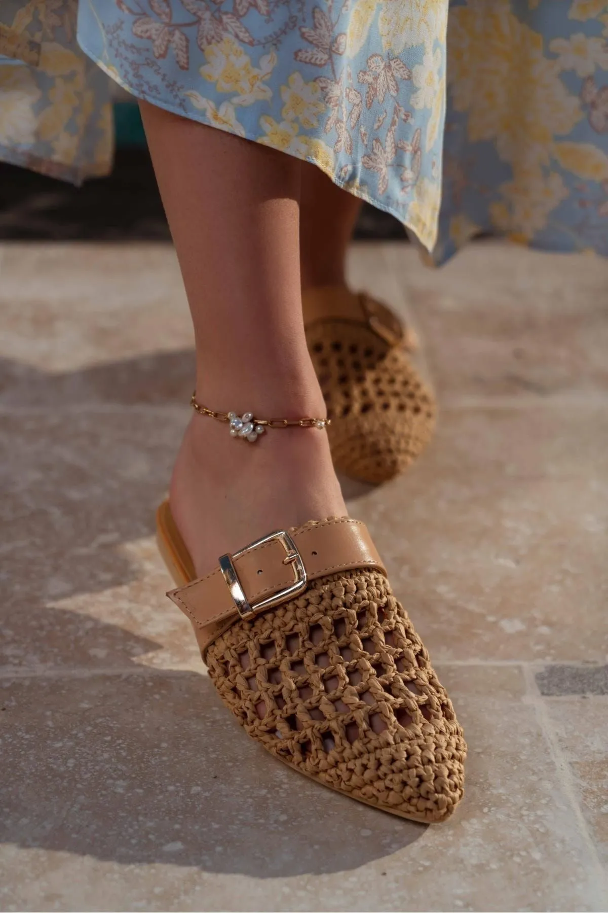NİŞANTAŞI SHOES  Beste braune gestrickte Damenhausschuhe mit Gürteldetail und flacher Sohle