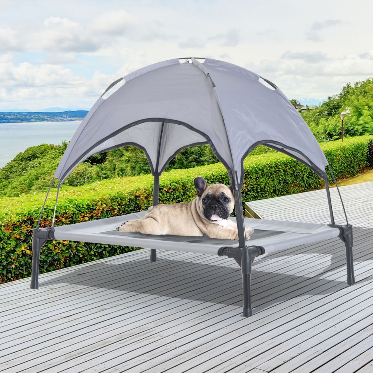 PawHut Haustierbett mit Baldachin Erhöhtes Hundebett Hundeliege outdoor Grau