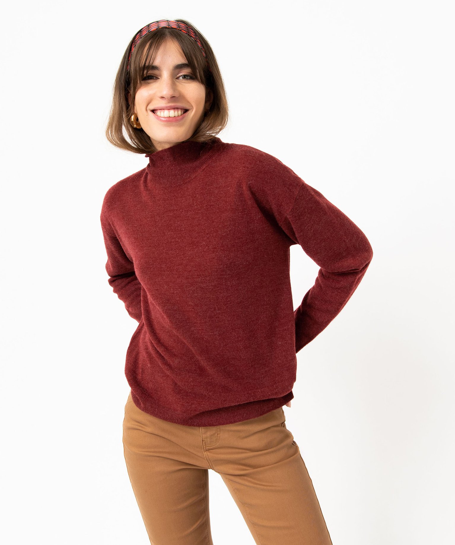 Pull à col montant en maille fine femme bordeaux | GEMO