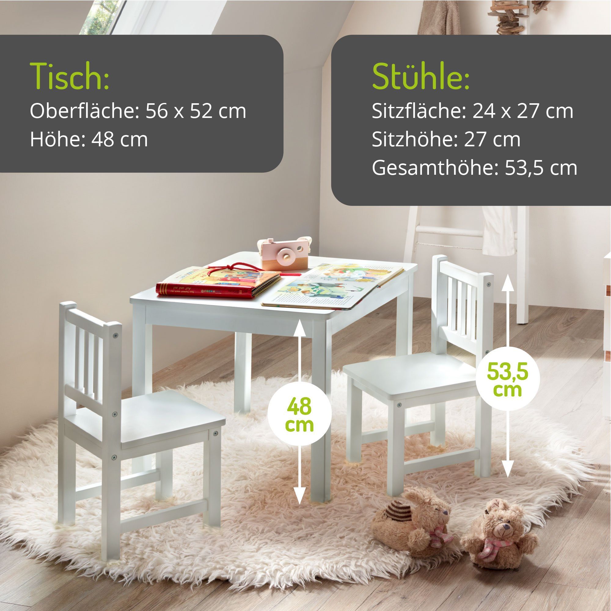 BOMI Kindersitzgruppe Holzsitzgruppe Amy, (3-tlg), Kindertischgruppe aus Holz (Tisch und 2 Stühle, 3-tlg)