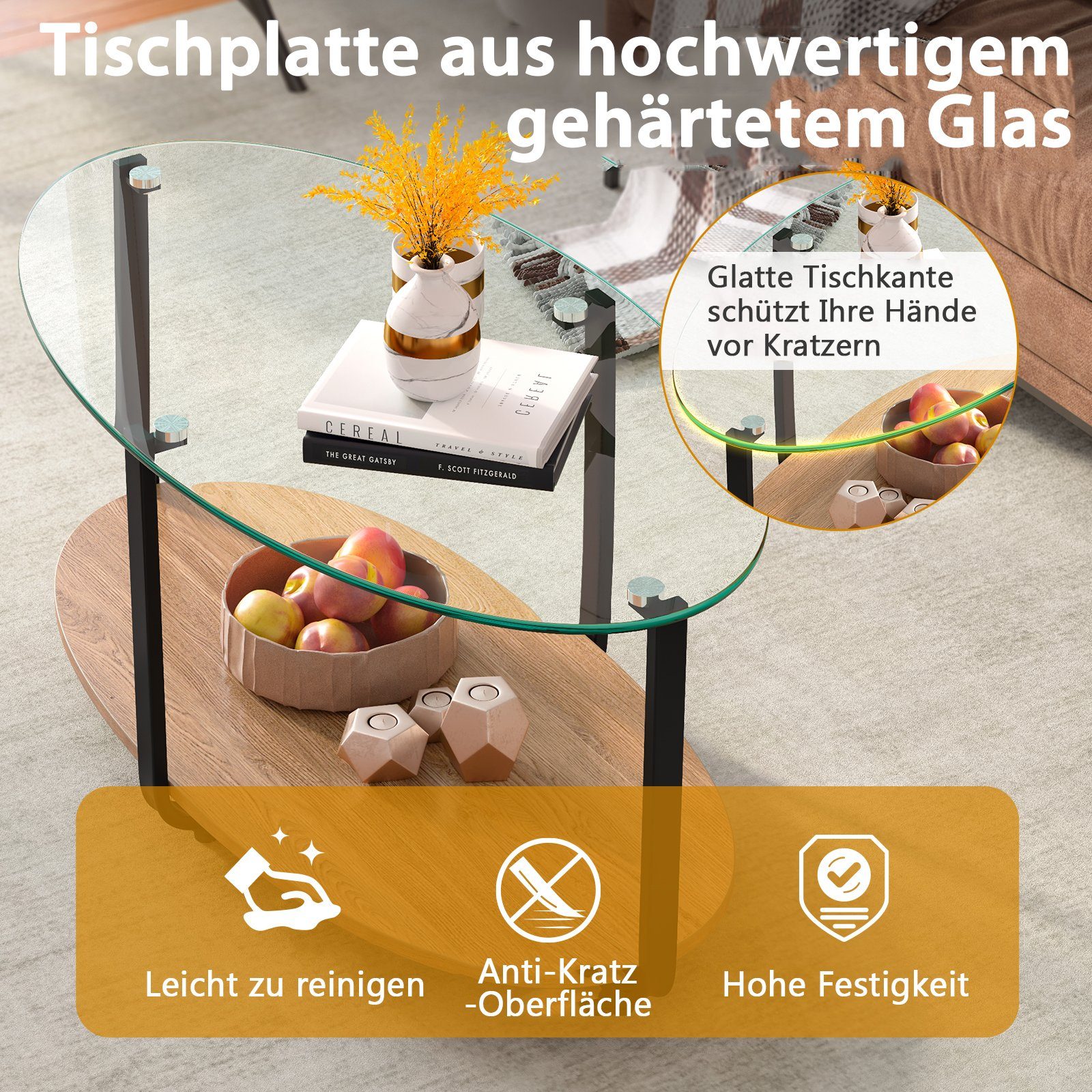 COSTWAY Couchtisch, Glas 2 Ebene mit Stauraum, Metallrahmen, oval, 95x50x44cm