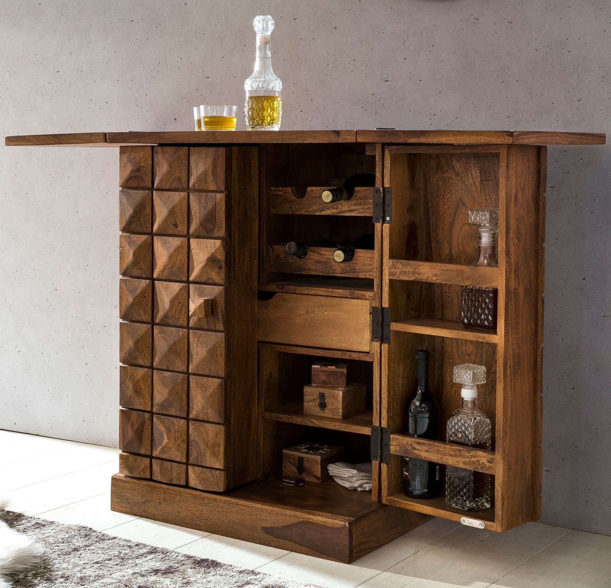 KADIMA DESIGN Barschrank Hausbar Massivholz Sheesham Vitrine ausklappbar