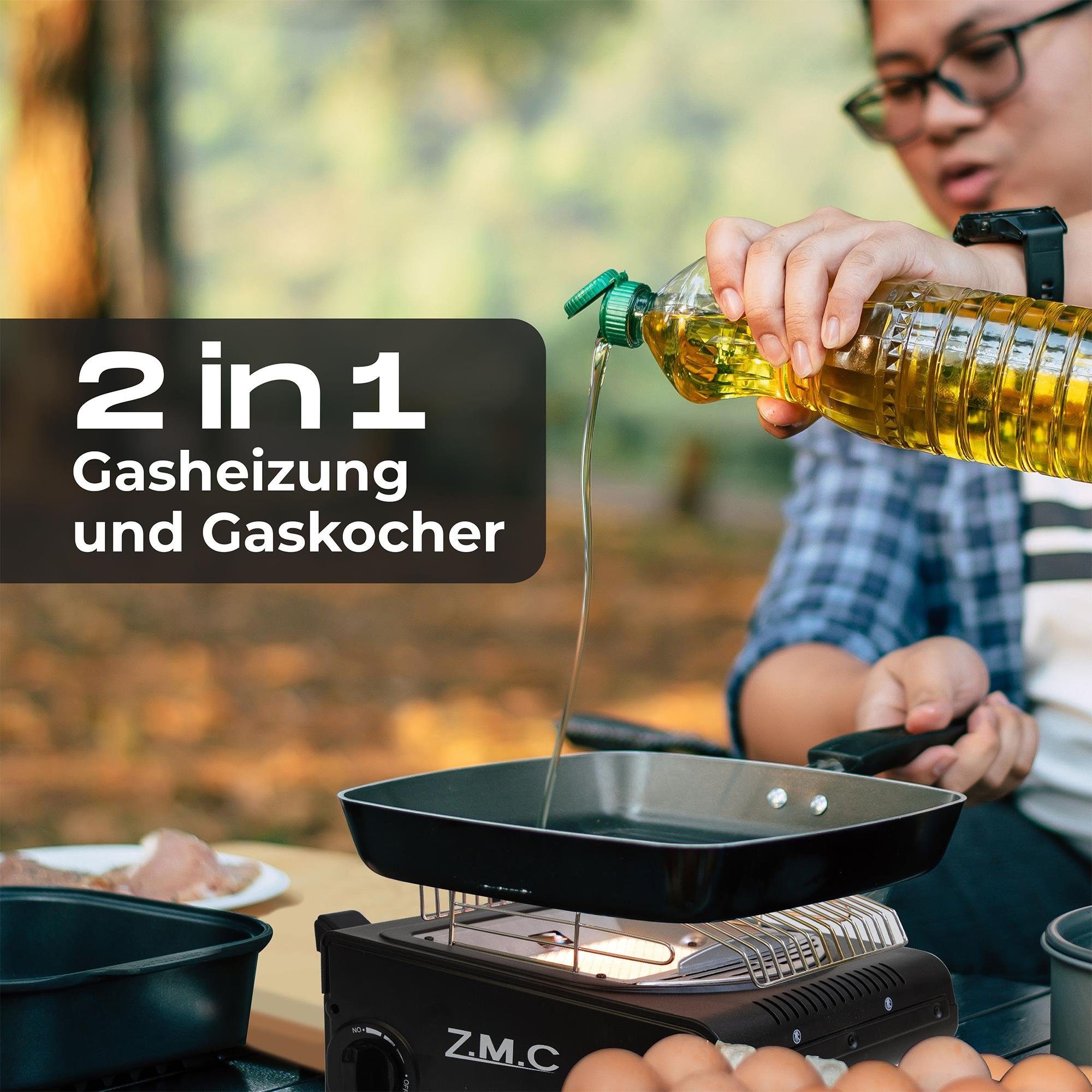 ZMC Heizstrahler 2in1 Tragbare Camping Gaskocher Gasheizung + 16x Gaskartuschen MSF-1A, 227g Camping Heizung Heizstrahler Zeltheizung Butangas Campingkocher