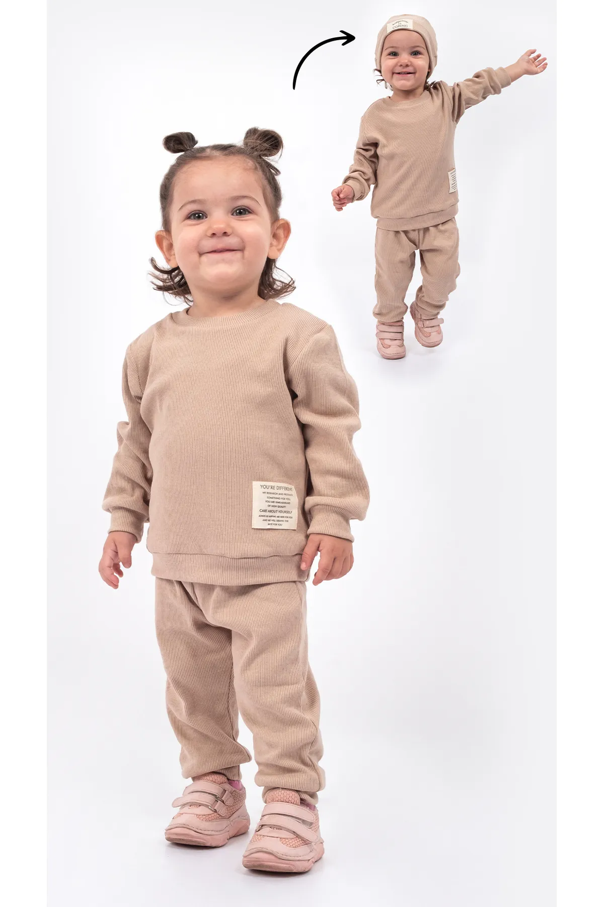 Bubito  Unisex-Hut mit Wappendetail, schnurgebundenes 3-teiliges Set aus Unter- und Oberteil, Beige