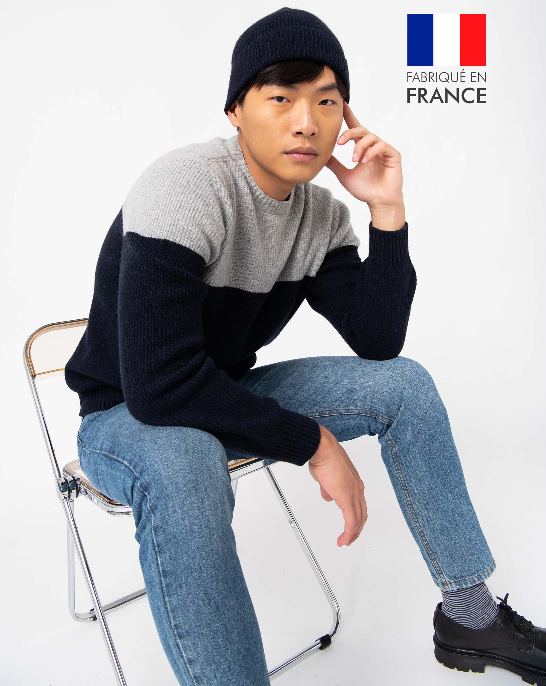Pull homme bicolore en maille 3D innovante bleu fonce | GEMO