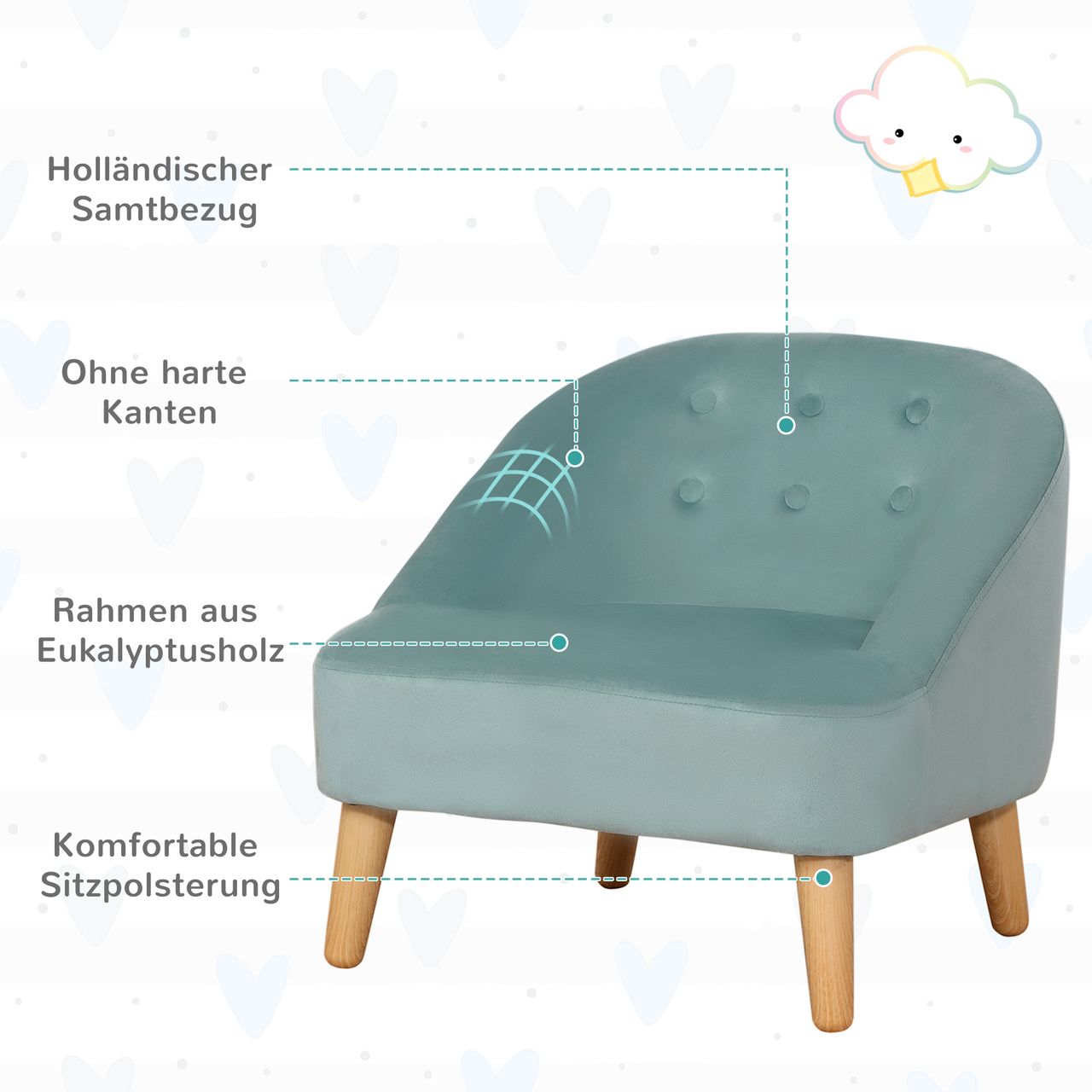 HOMCOM Kindersessel Kindersofa mit Fußhocker Kindercouch ab 3 Jahren Kindermöbel Kinderzimmer Samtoptik Eukalyptusholz Grün 51 x 51 x 50 cm