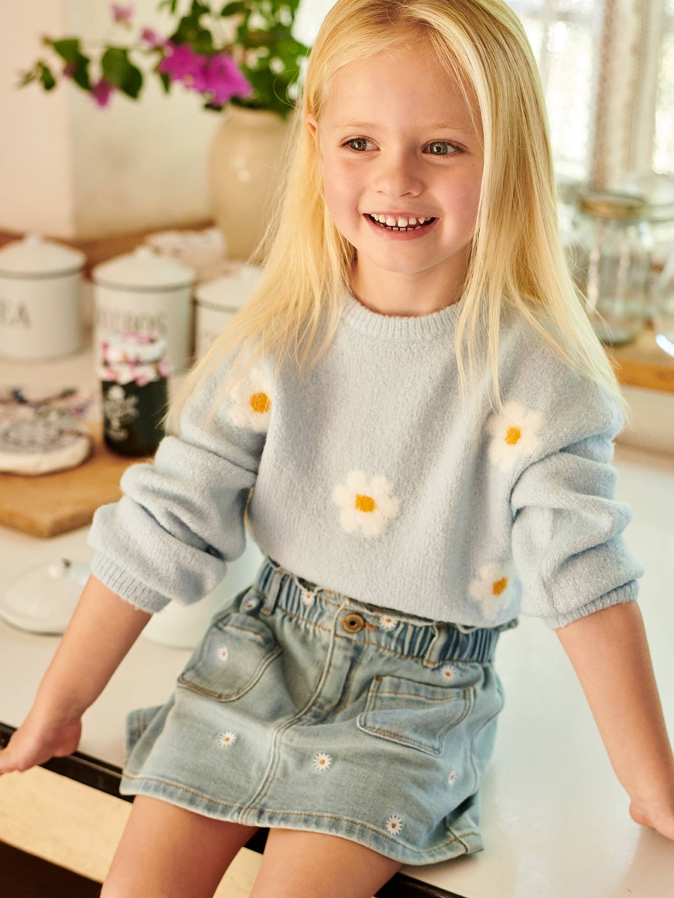 Jupe en jean brodée fleurs fille double stone