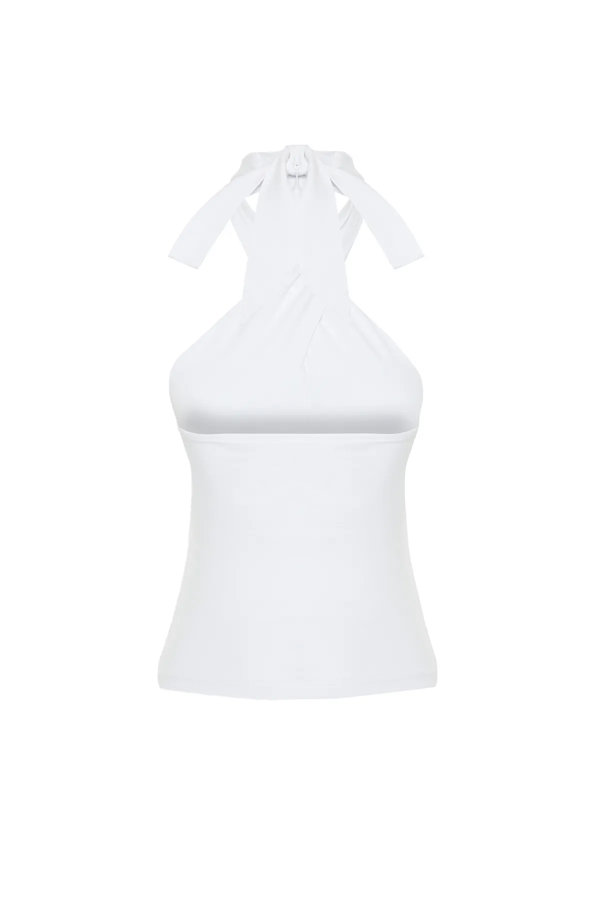 Trendyol Collection  Weiße Neckholder-Bluse mit figurbetonter Passform und Stretch-Strick TWOSS24BZ00459