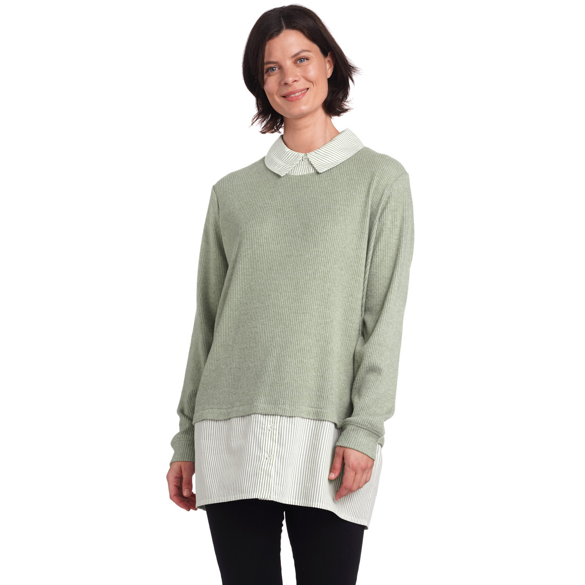 Damen Rippstrickpullover mit Bluseneinsatz