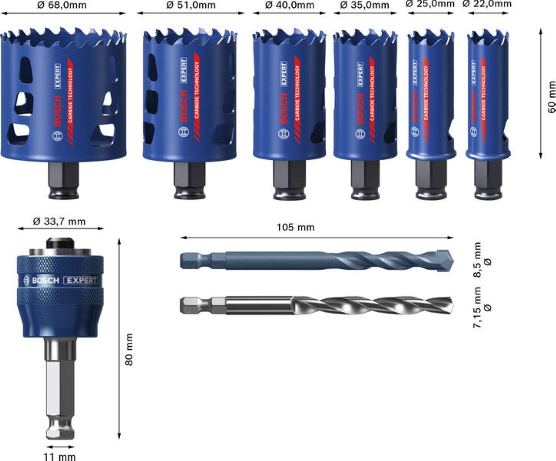 „Bosch Blue Accessories 2608901907 EXPERT Power-Change“ skylių pjūklo rinkinys, universalus, 22/25/35/40/51/68 mm, 9 dalių