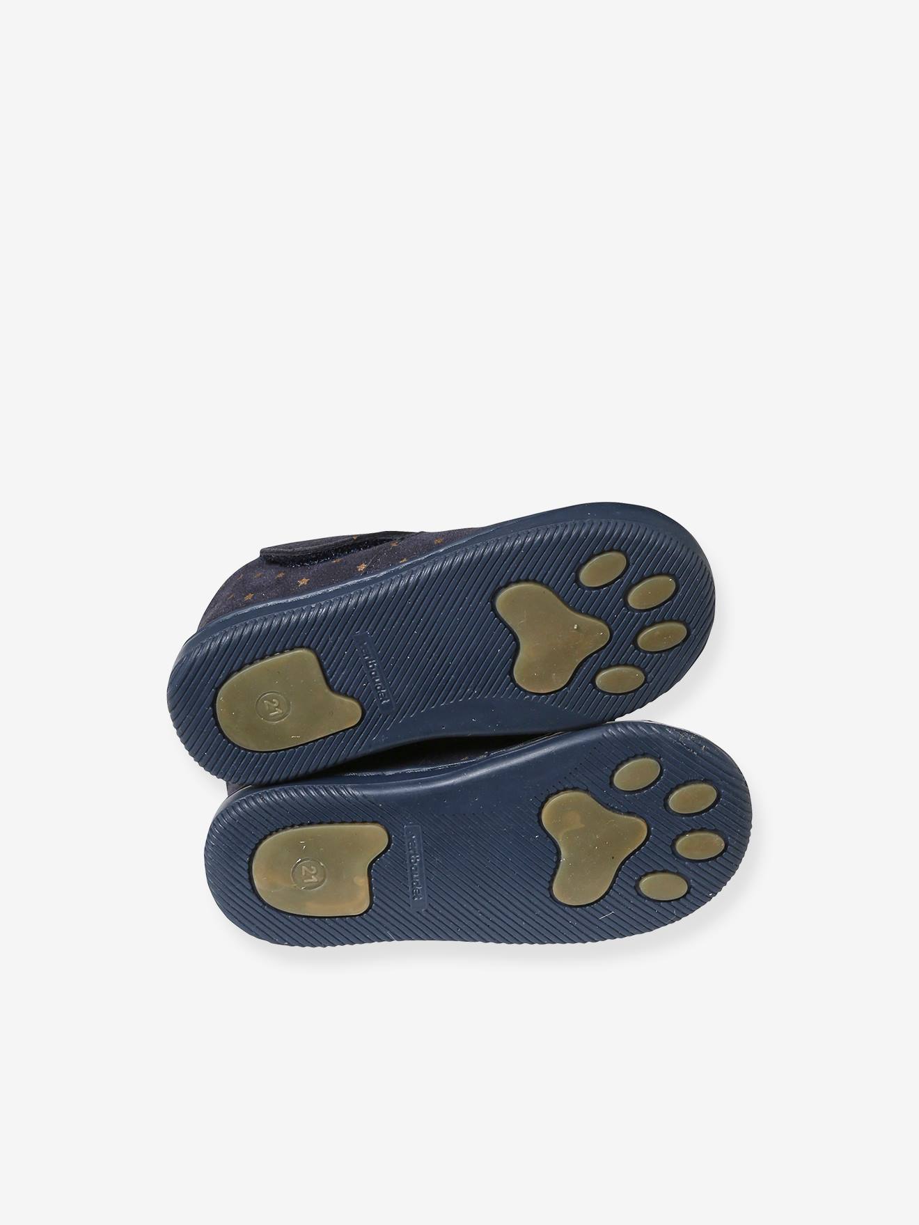 Chaussons scratchés bébé en cuir souple bleu imprimé