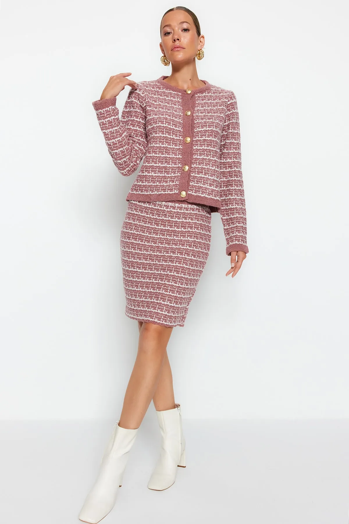 Trendyol Collection  Dried Rose Rundhals-Strickoberteil und -unterteil-Set TWOAW24AU00001