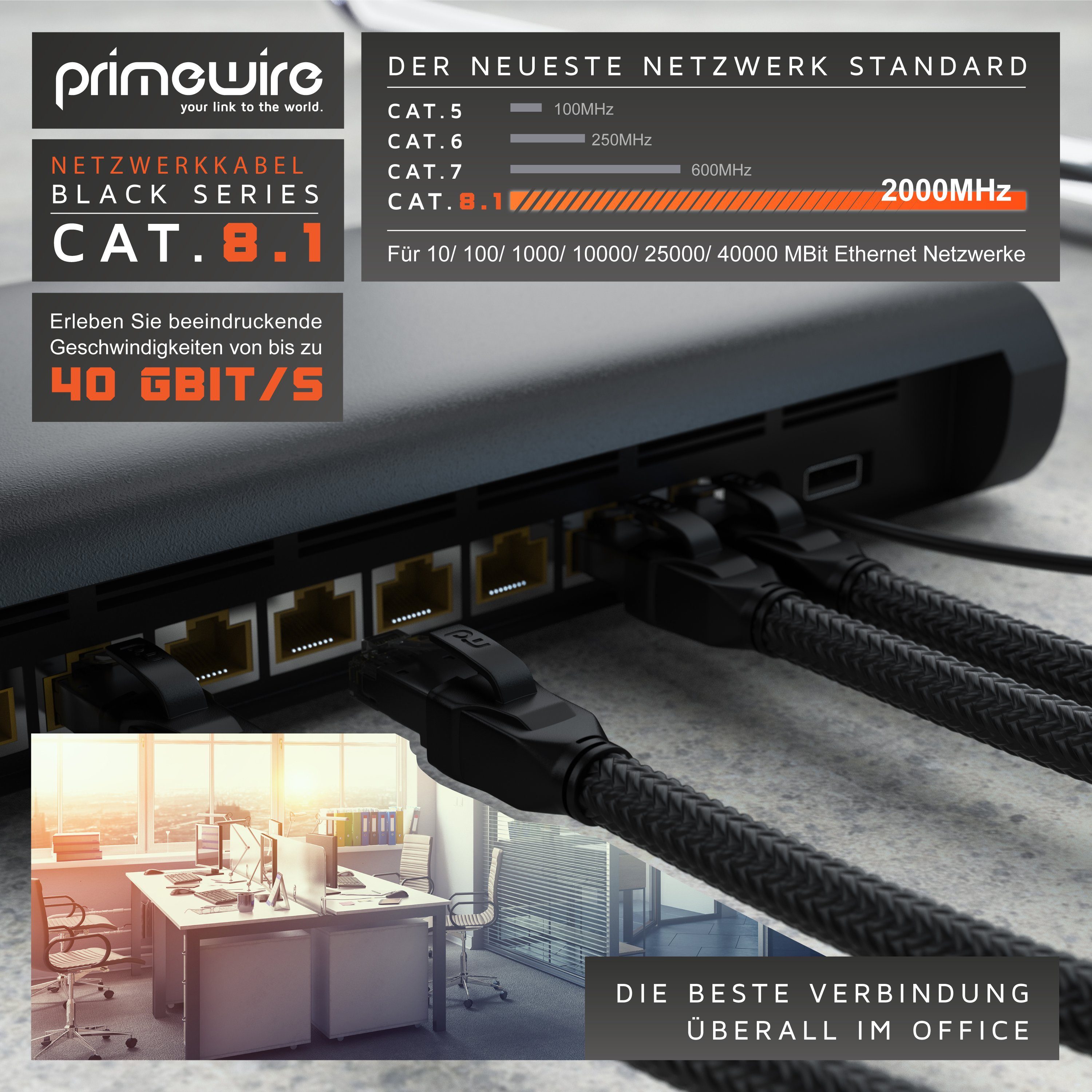 Primewire LAN-Kabel, CAT.8, RJ-45 (Ethernet) (100 cm), Patchkabel CAT 8, Netzwerkkabel Gigabit Ethernet 40 Gbit/s S/FTP, 1m