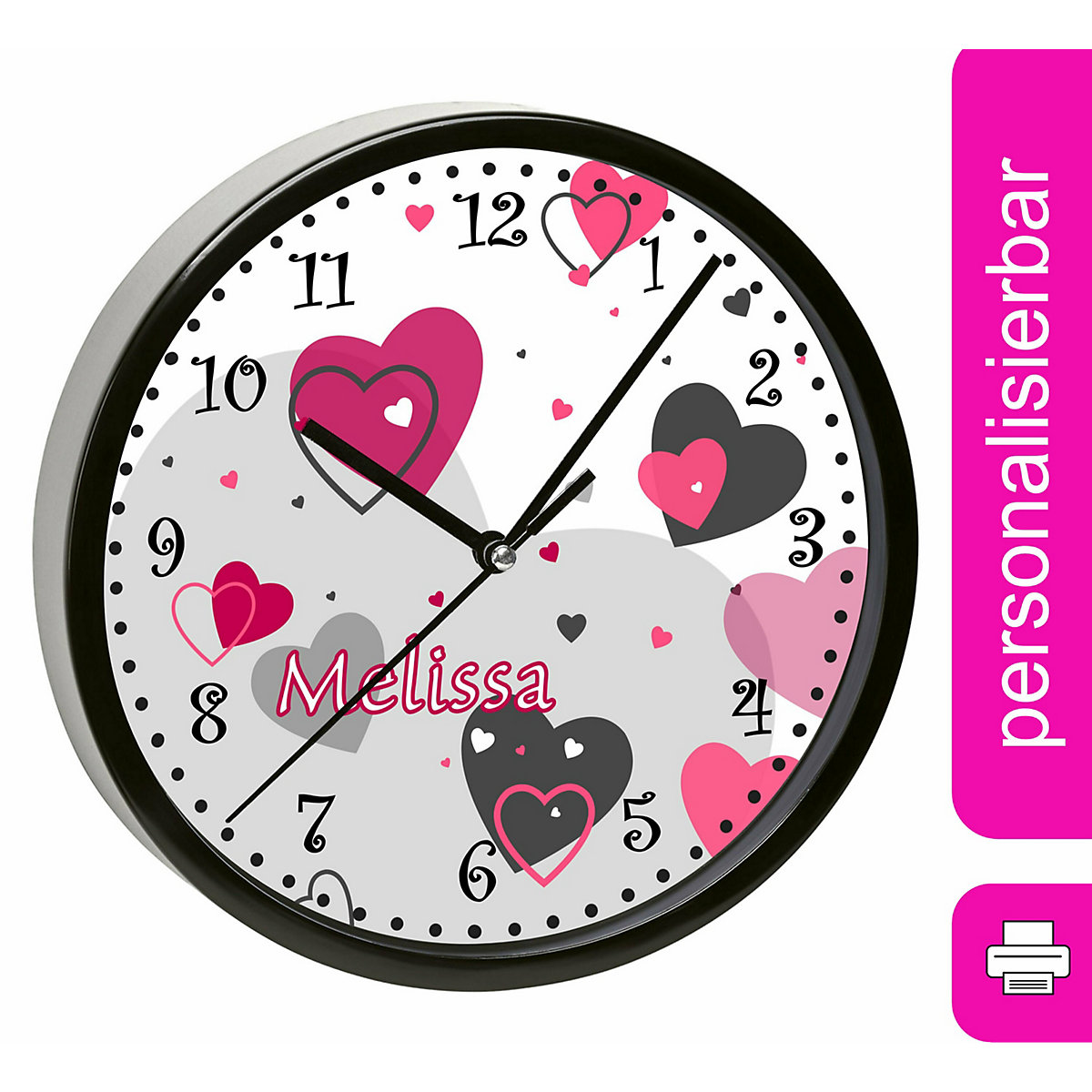 Kinder Wanduhr personalisiert mit Name Herz Rosa Grau