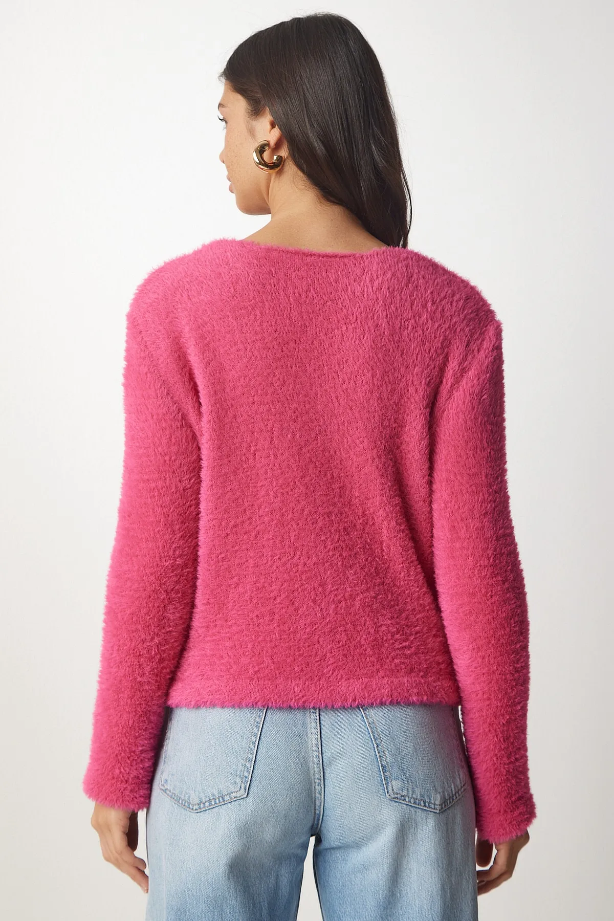 Happiness İstanbul  Rosafarbene, weiche Strickjacke mit Bärtchen für Damen NF00067