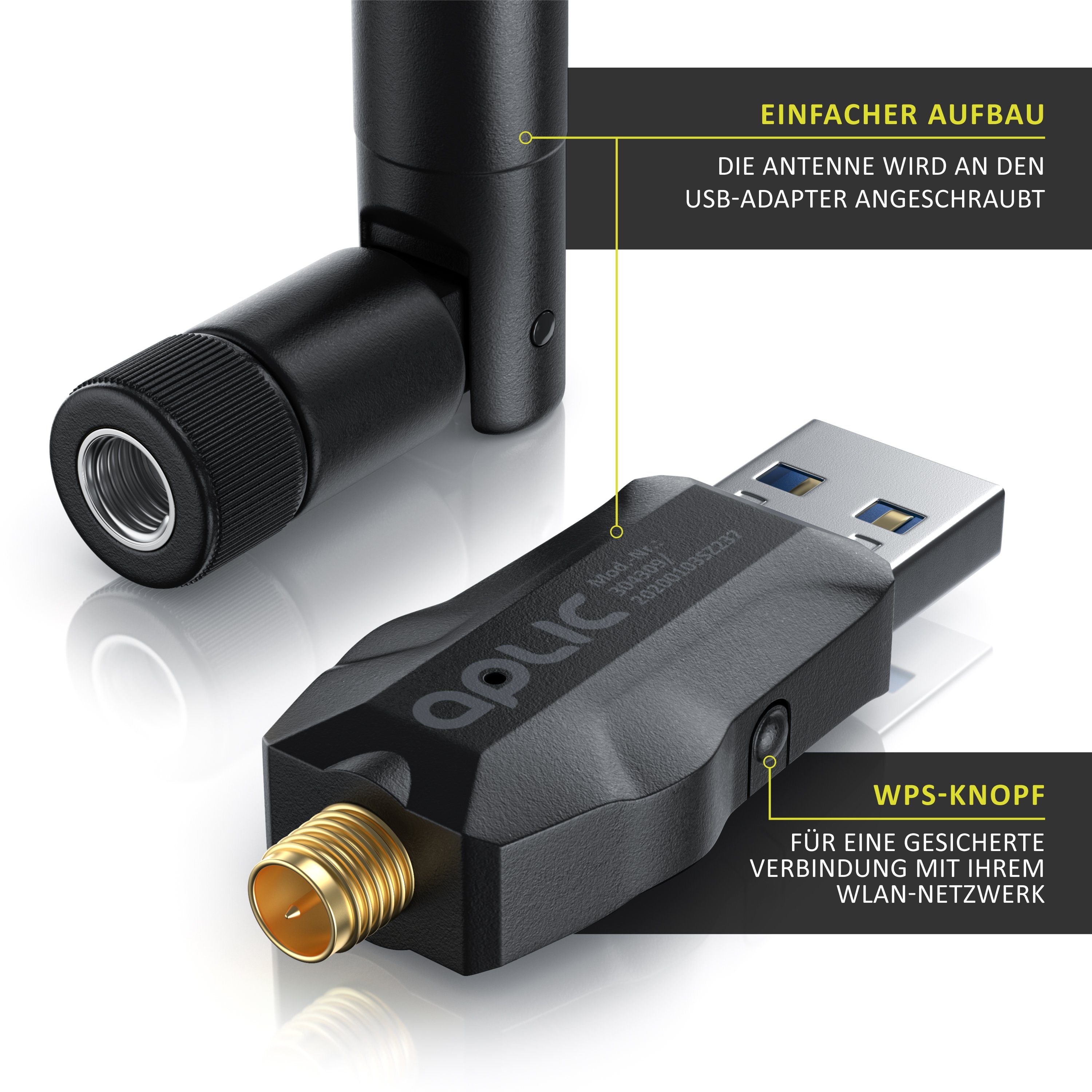 Aplic WLAN-Stick, WIFI Adapter 1200MBit/s, 2,4Ghz + 5Ghz Dual Band, externe Antenne